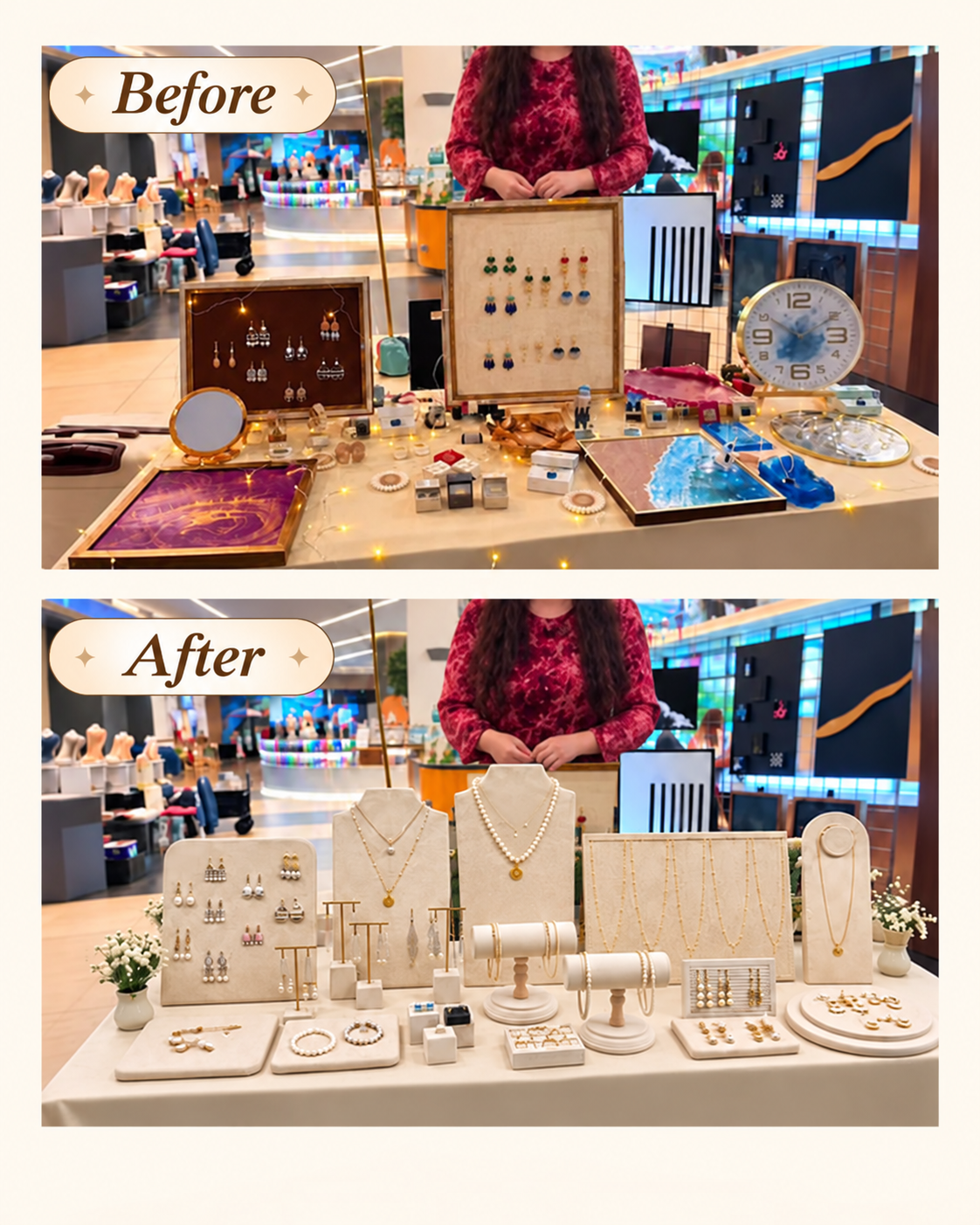 Before and after: a cluttered craft fair jewelry table, and the same jewelry on matching beige vegan suede displays