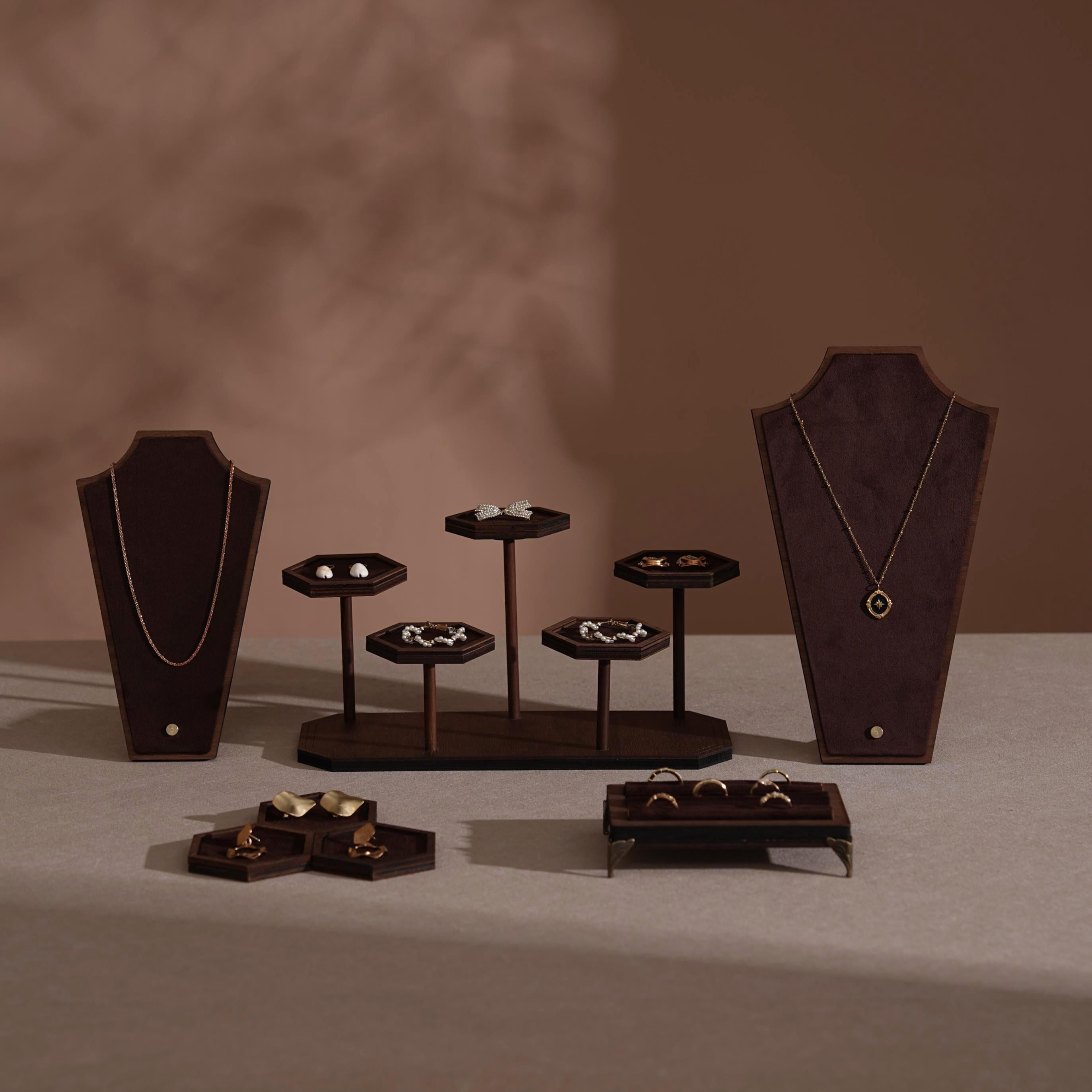 Handcrafted Walnut Veneer Jewelry Display Set | 7 Pieces | 14 Colors