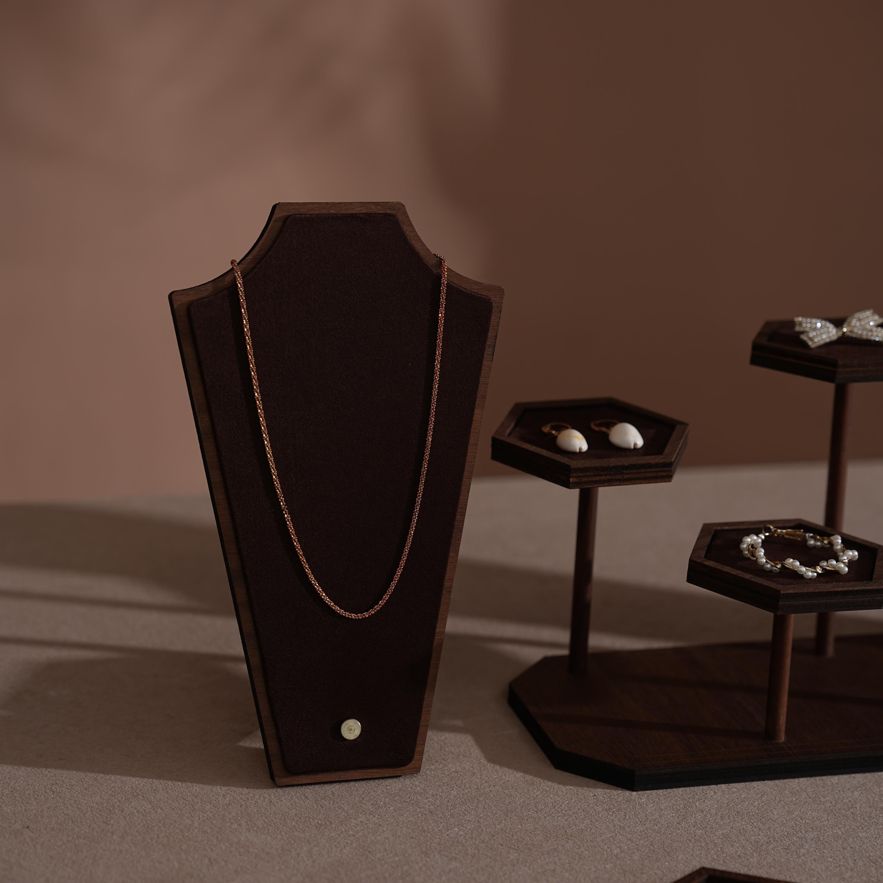 Handcrafted Walnut Veneer Jewelry Display Set | 7 Pieces | 14 Colors