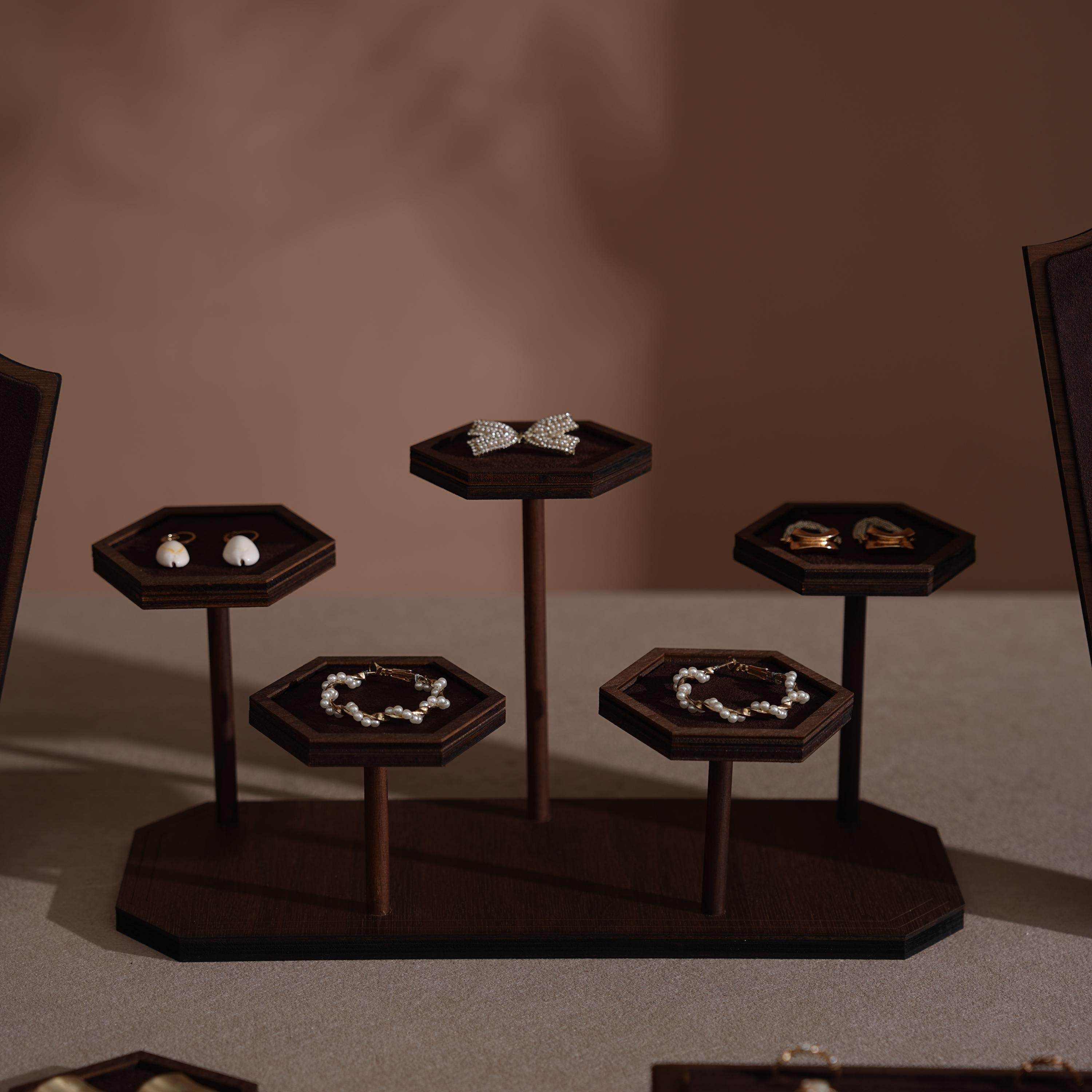 Handcrafted Walnut Veneer Jewelry Display Set | 7 Pieces | 14 Colors