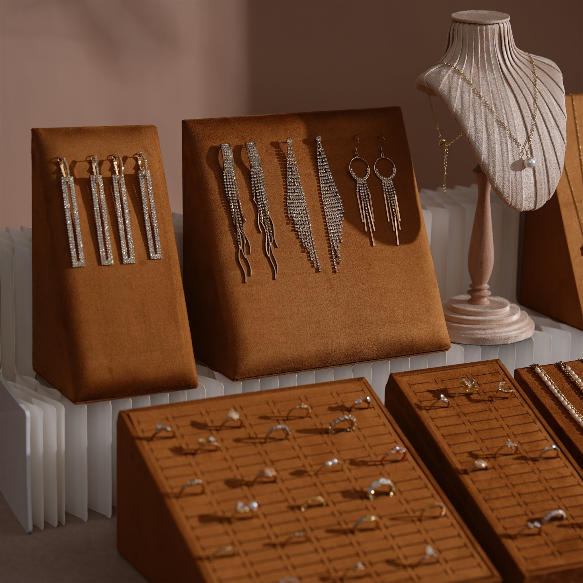 Terrace Jewelry Display Set for Market Tables & Vendor Stalls — Sloped Ring Stand, Earring Wedge & Necklace Bust