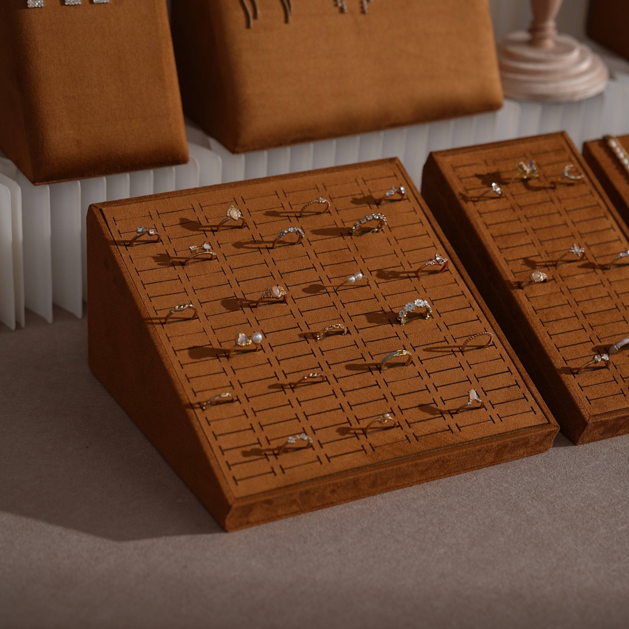 Terrace Jewelry Display Set for Market Tables & Vendor Stalls — Sloped Ring Stand, Earring Wedge & Necklace Bust