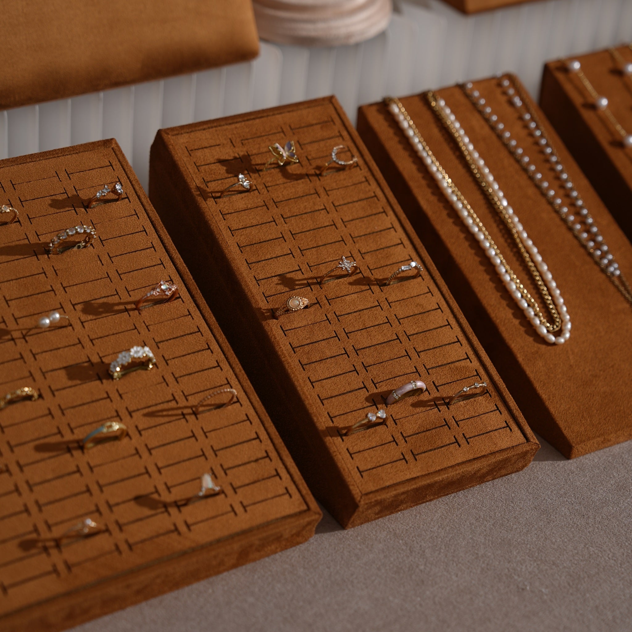 Terrace Jewelry Display Set for Market Tables & Vendor Stalls — Sloped Ring Stand, Earring Wedge & Necklace Bust