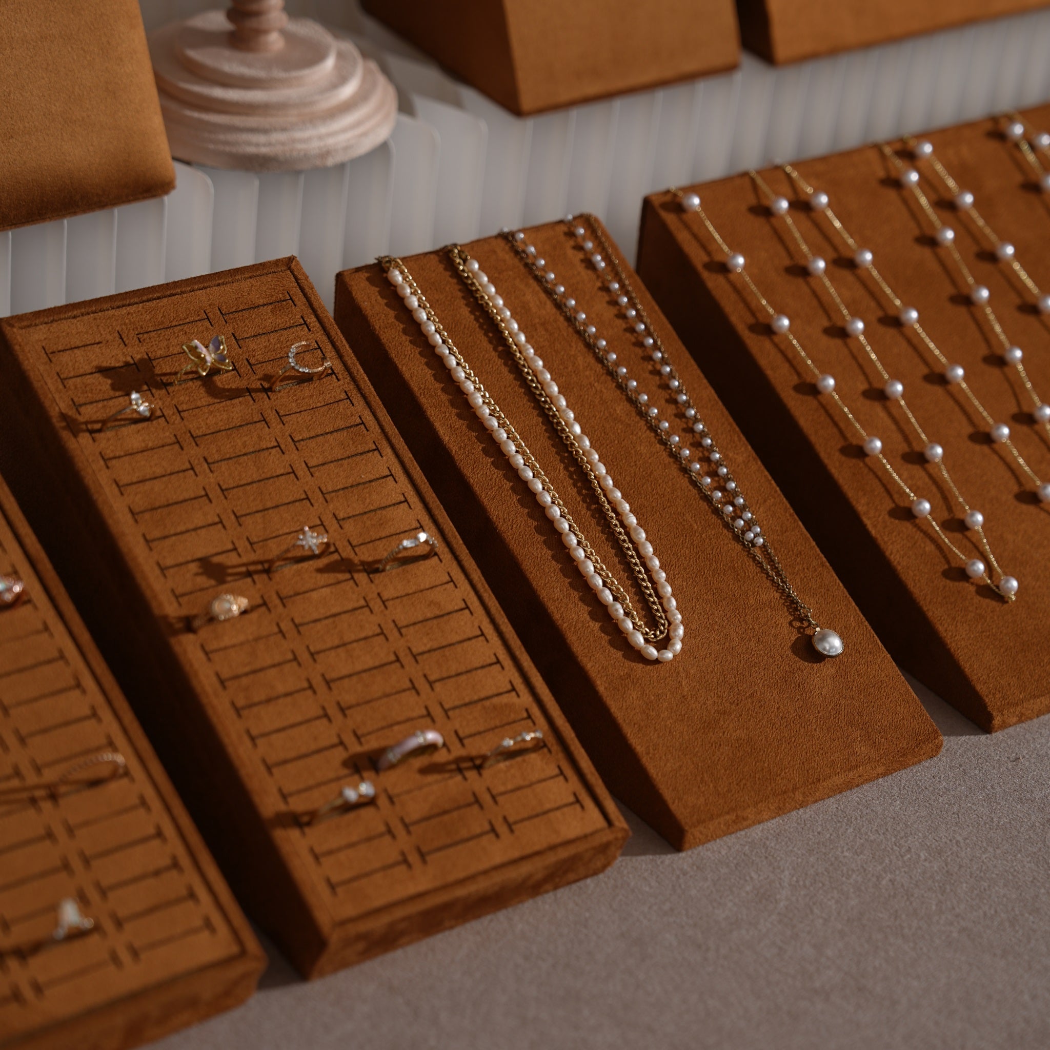 Terrace Jewelry Display Set for Market Tables & Vendor Stalls — Sloped Ring Stand, Earring Wedge & Necklace Bust
