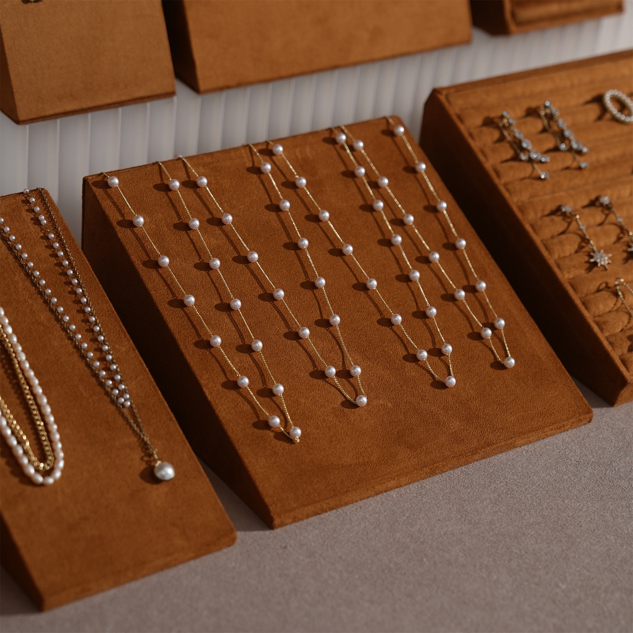 Terrace Jewelry Display Set for Market Tables & Vendor Stalls — Sloped Ring Stand, Earring Wedge & Necklace Bust