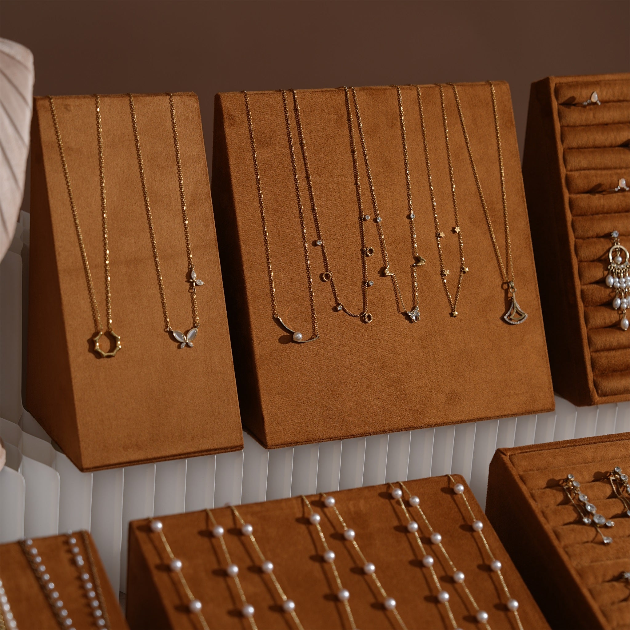 Terrace Jewelry Display Set for Market Tables & Vendor Stalls — Sloped Ring Stand, Earring Wedge & Necklace Bust