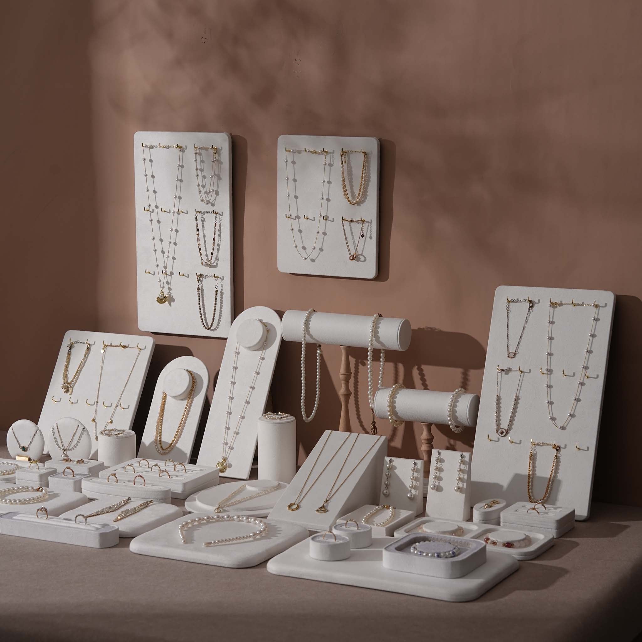 Atelier Jewelry Display Set for Boutique & Product Photography — Ring Holder, Necklace Stand & Riser Kit, Cream White