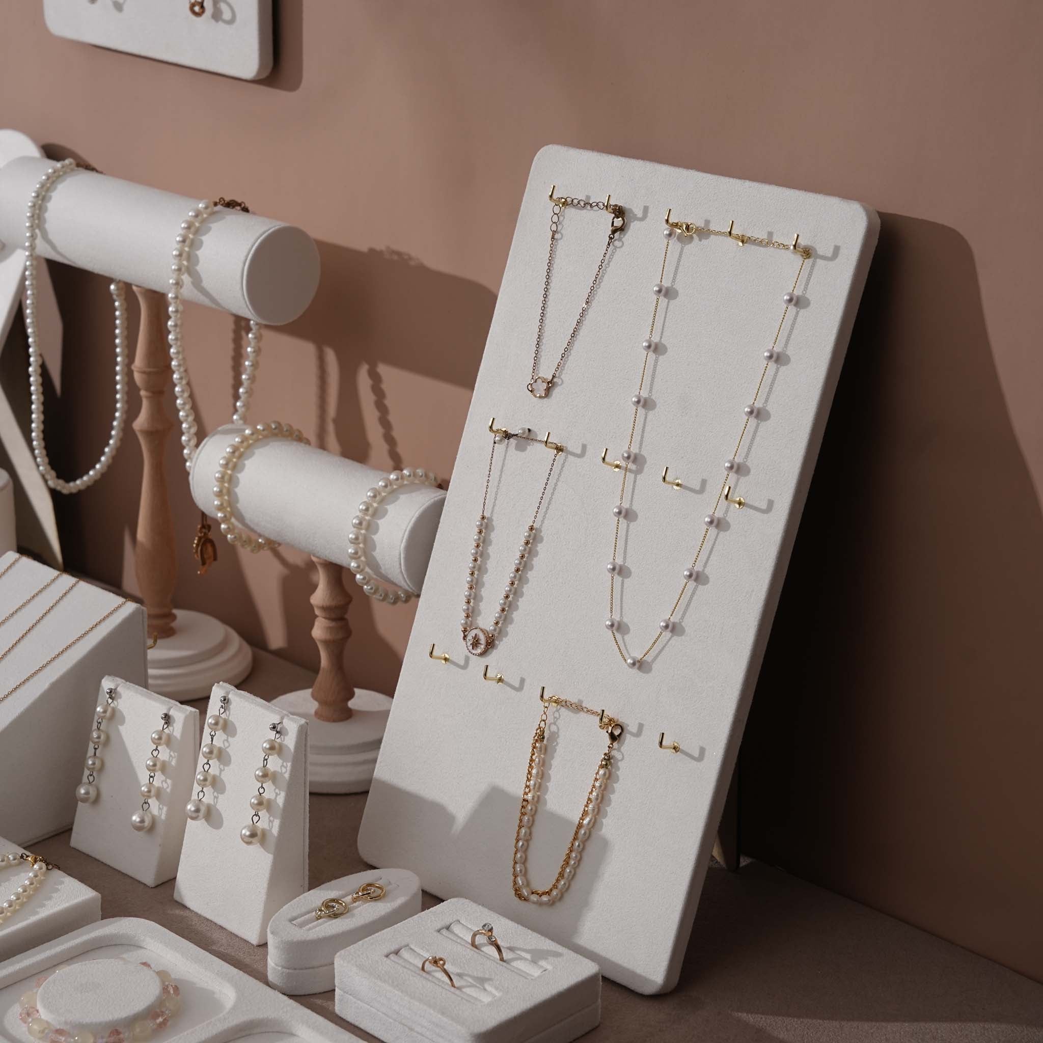 Atelier Jewelry Display Set for Boutique & Product Photography — Ring Holder, Necklace Stand & Riser Kit, Cream White