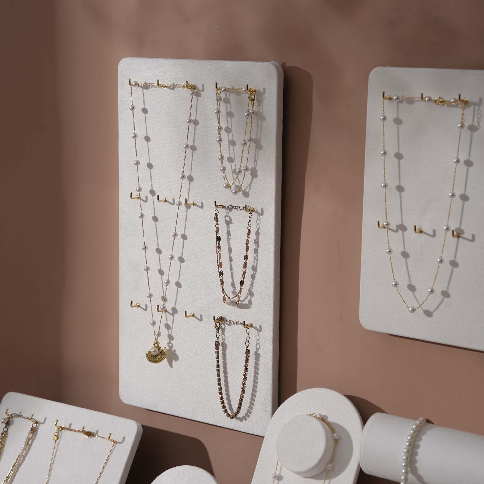 Atelier Jewelry Display Set for Boutique & Product Photography — Ring Holder, Necklace Stand & Riser Kit, Cream White