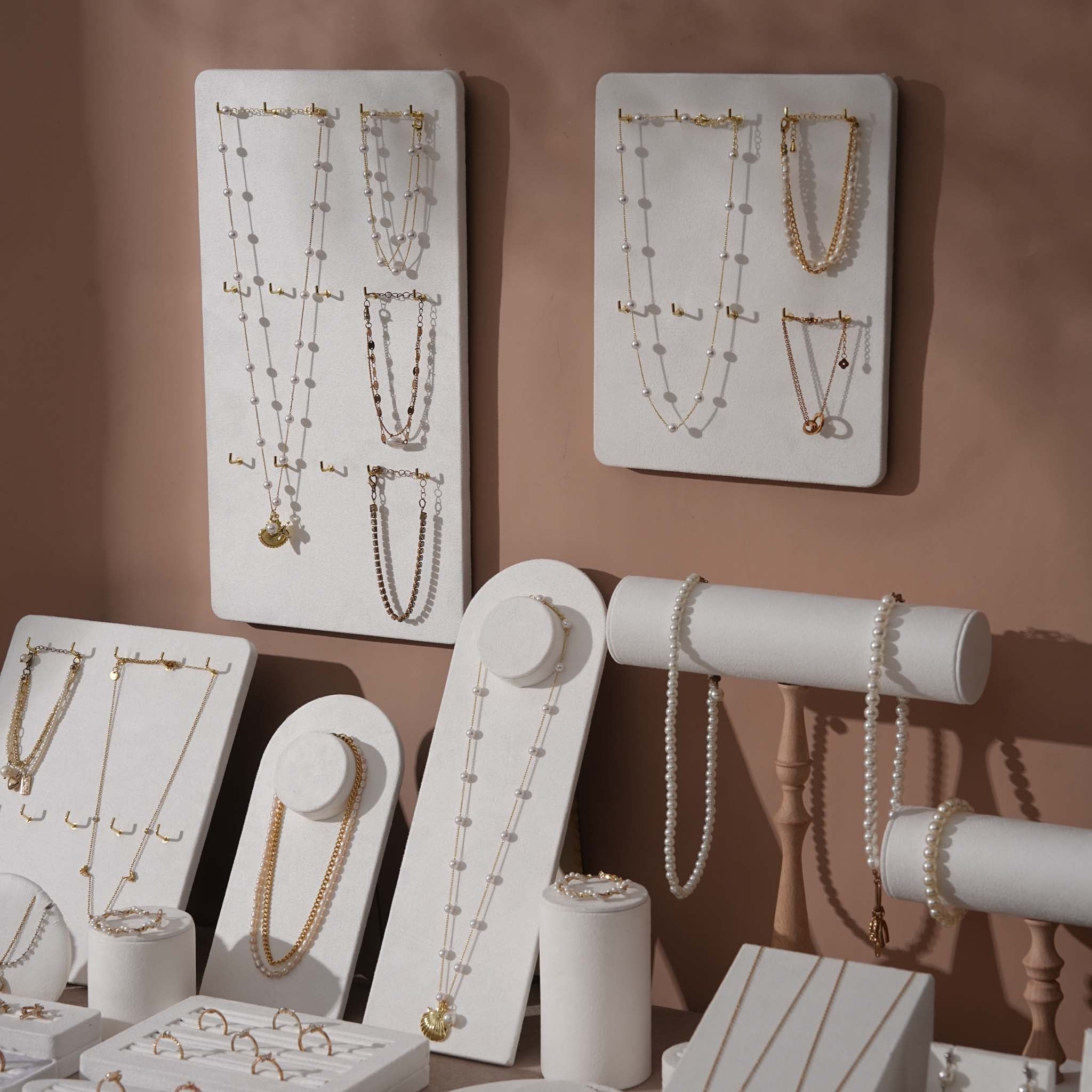 Atelier Jewelry Display Set for Boutique & Product Photography — Ring Holder, Necklace Stand & Riser Kit, Cream White