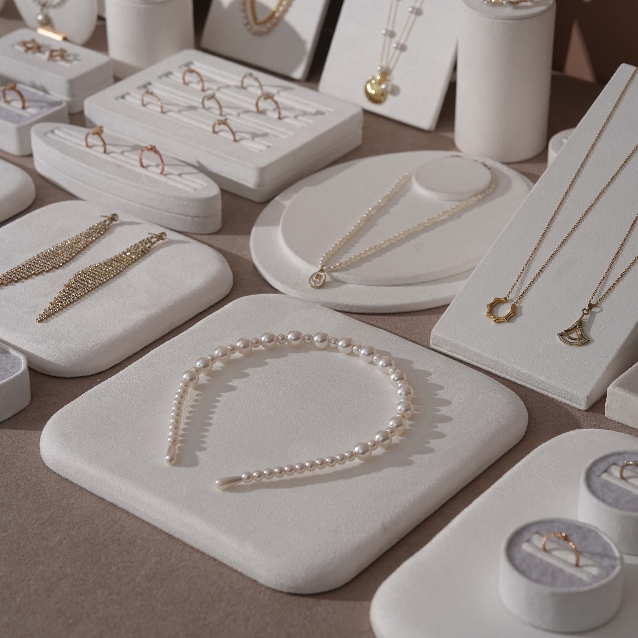 Atelier Jewelry Display Set for Boutique & Product Photography — Ring Holder, Necklace Stand & Riser Kit, Cream White
