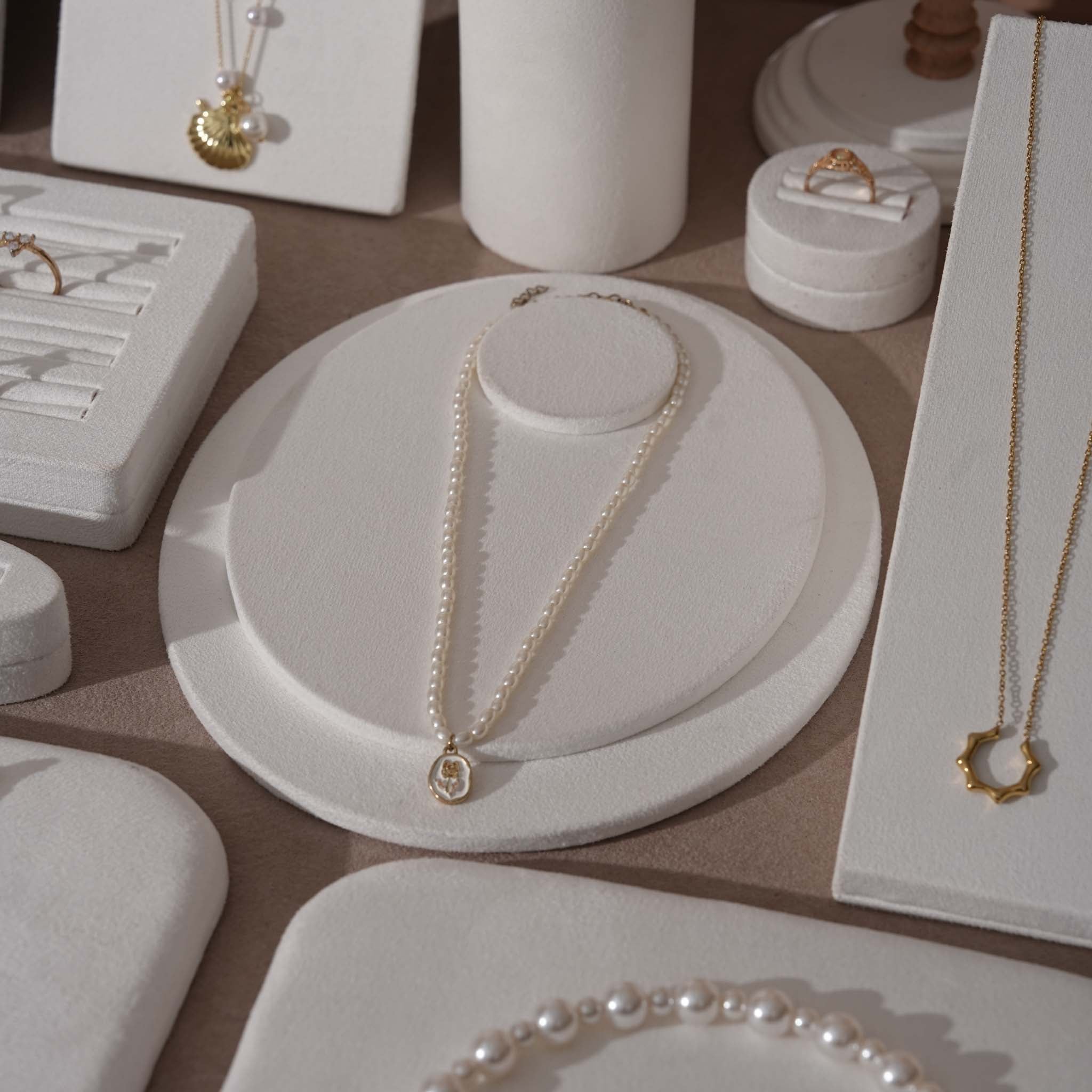 Atelier Jewelry Display Set for Boutique & Product Photography — Ring Holder, Necklace Stand & Riser Kit, Cream White