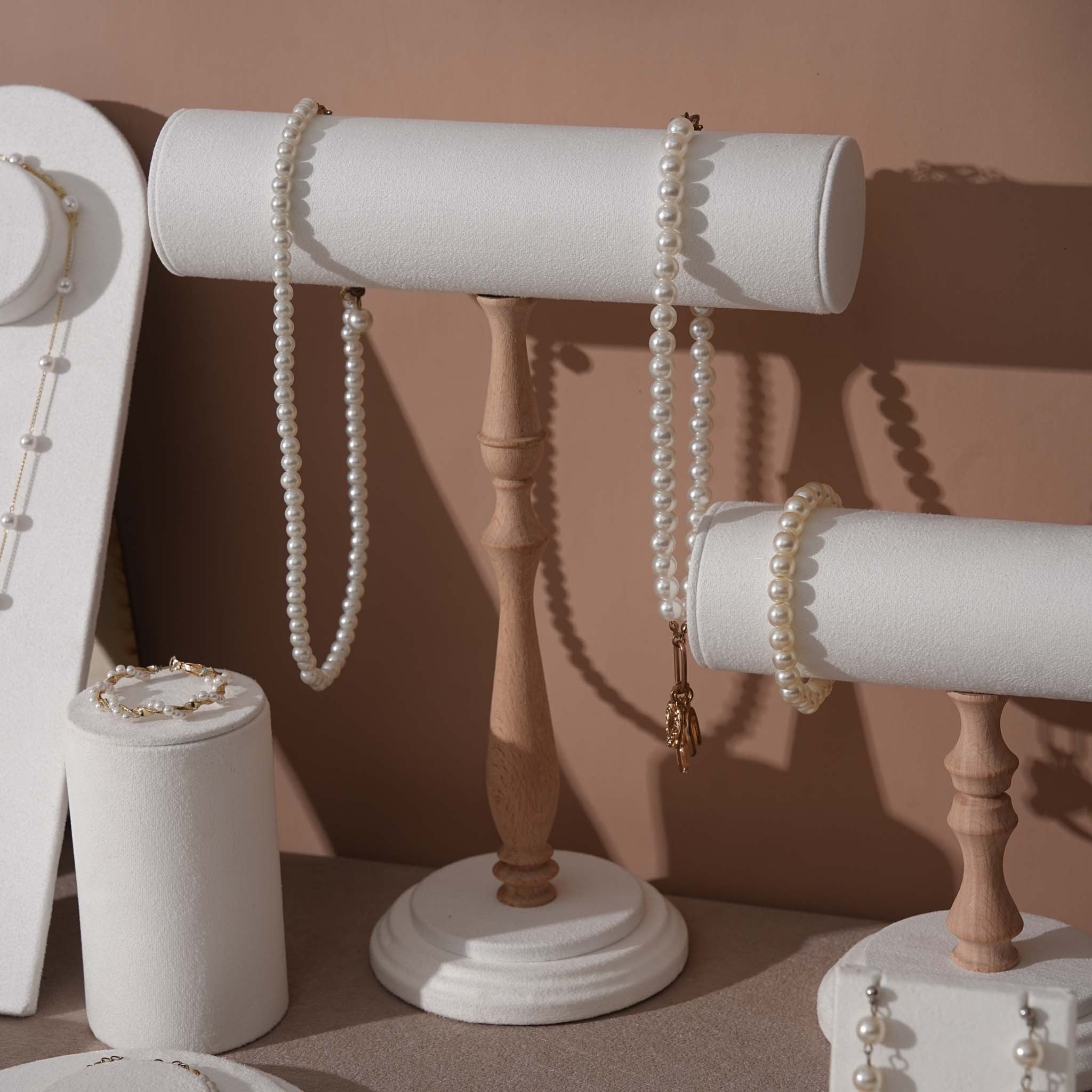 Atelier Jewelry Display Set for Boutique & Product Photography — Ring Holder, Necklace Stand & Riser Kit, Cream White