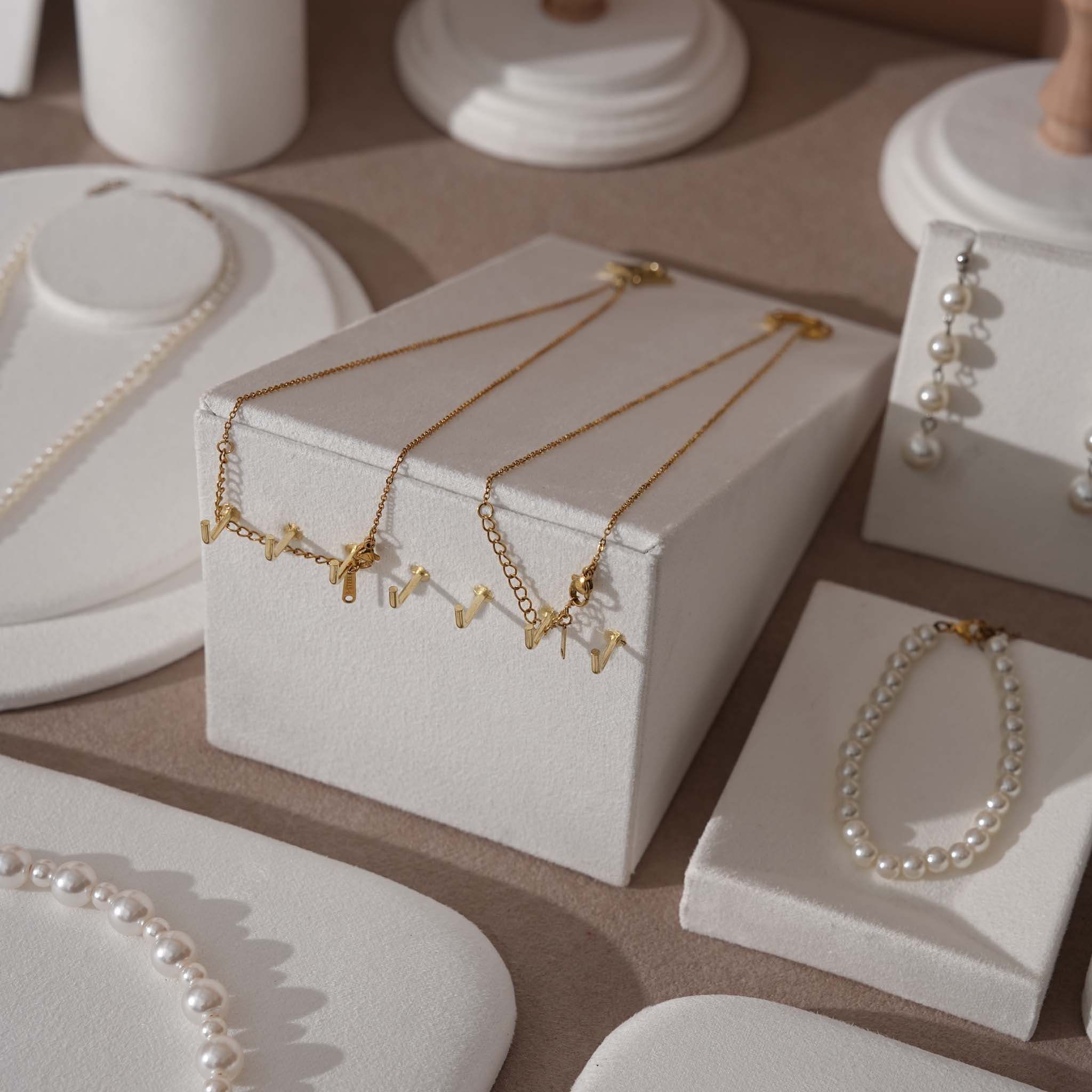 Atelier Jewelry Display Set for Boutique & Product Photography — Ring Holder, Necklace Stand & Riser Kit, Cream White