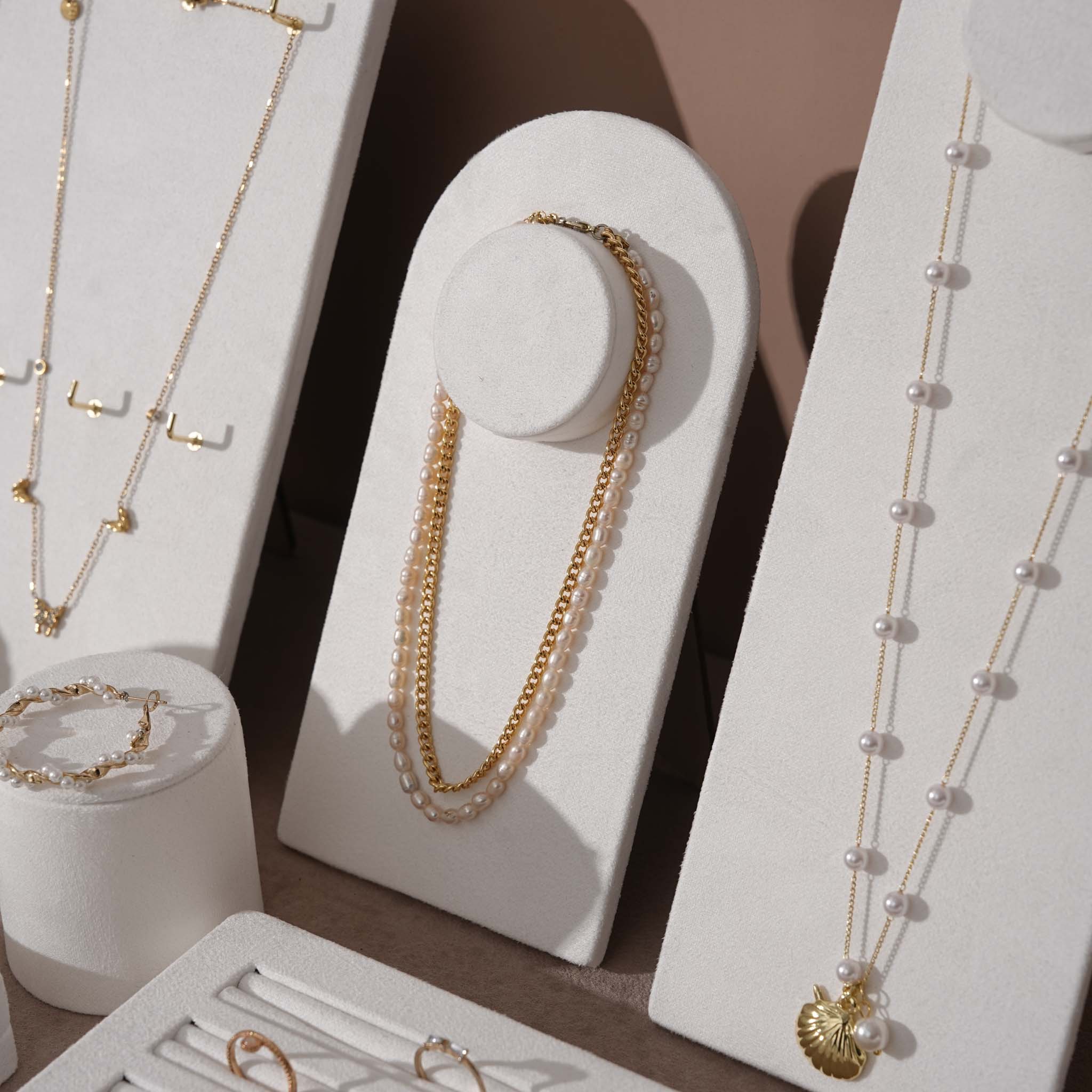 Atelier Jewelry Display Set for Boutique & Product Photography — Ring Holder, Necklace Stand & Riser Kit, Cream White