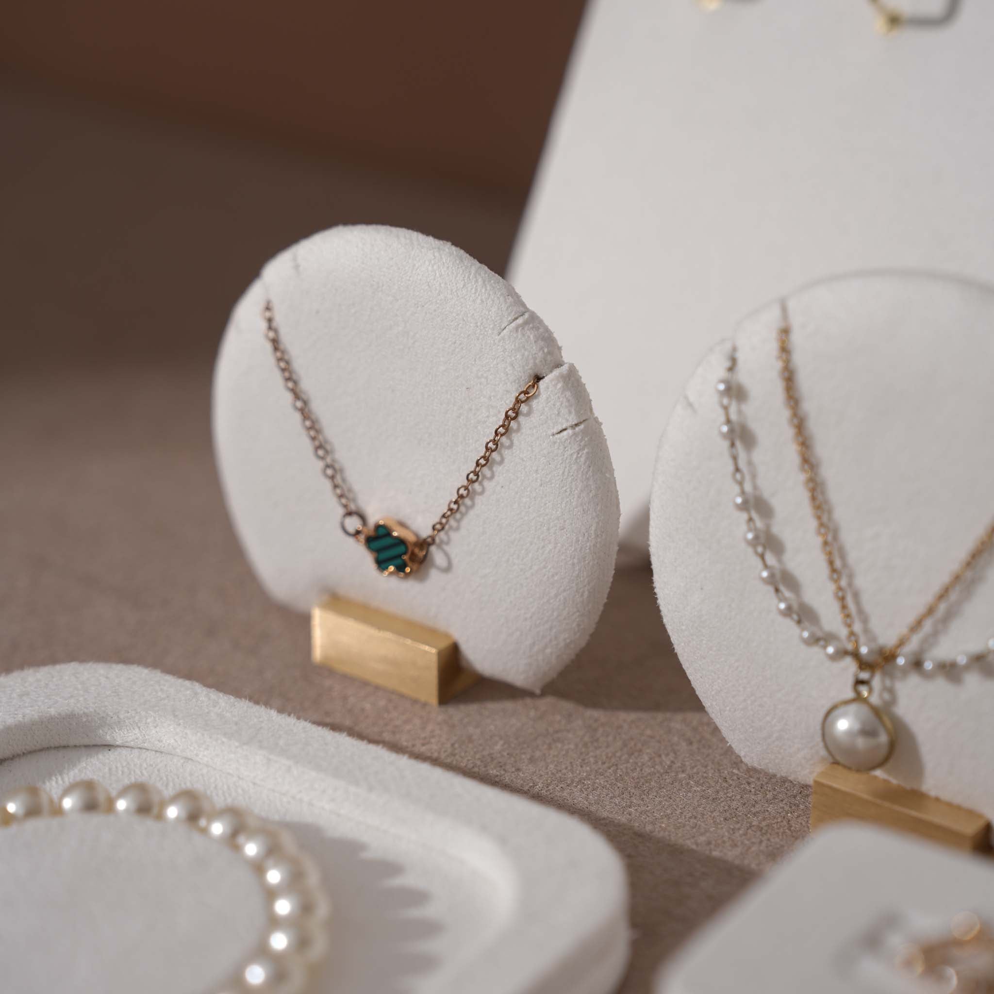 Atelier Jewelry Display Set for Boutique & Product Photography — Ring Holder, Necklace Stand & Riser Kit, Cream White