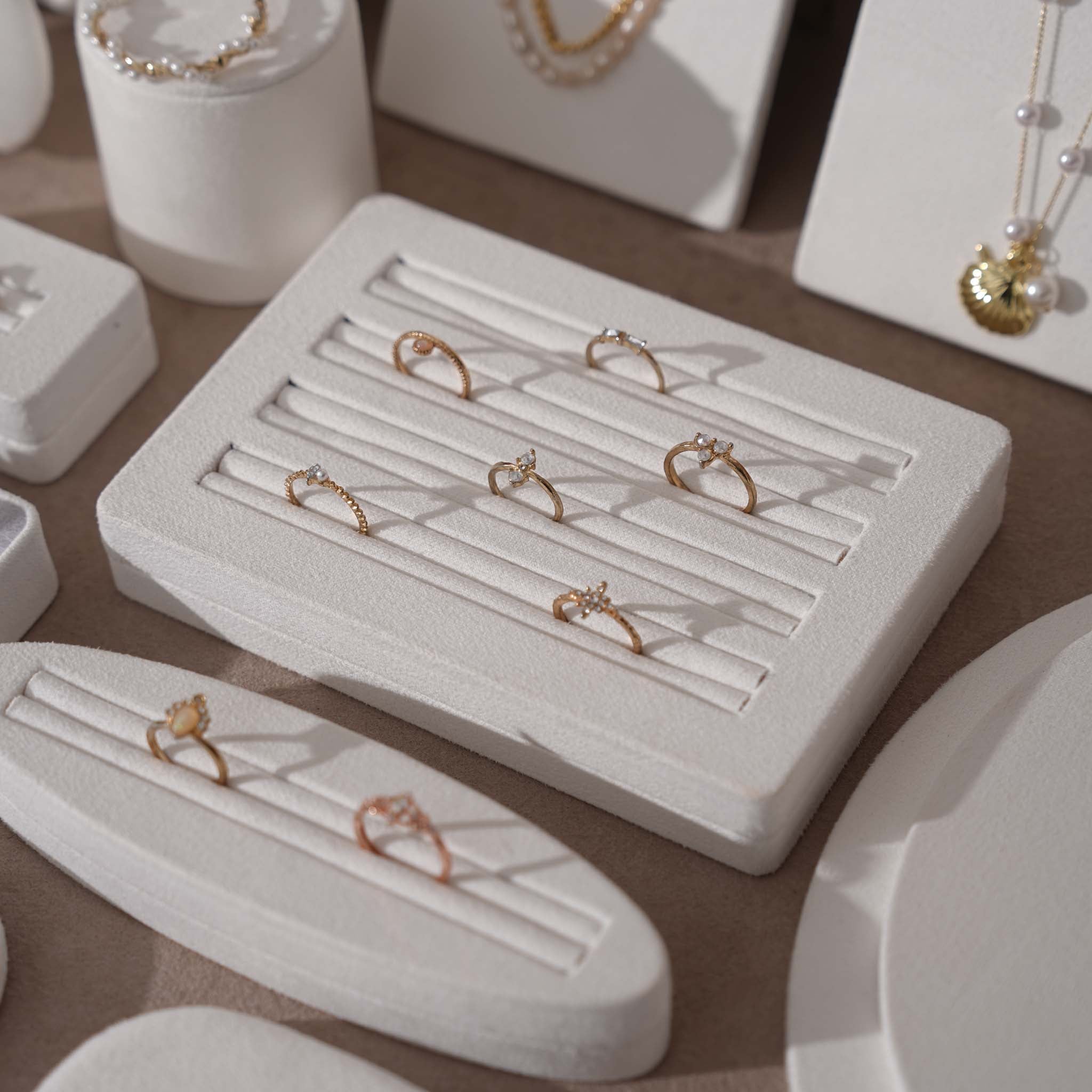 Atelier Jewelry Display Set for Boutique & Product Photography — Ring Holder, Necklace Stand & Riser Kit, Cream White