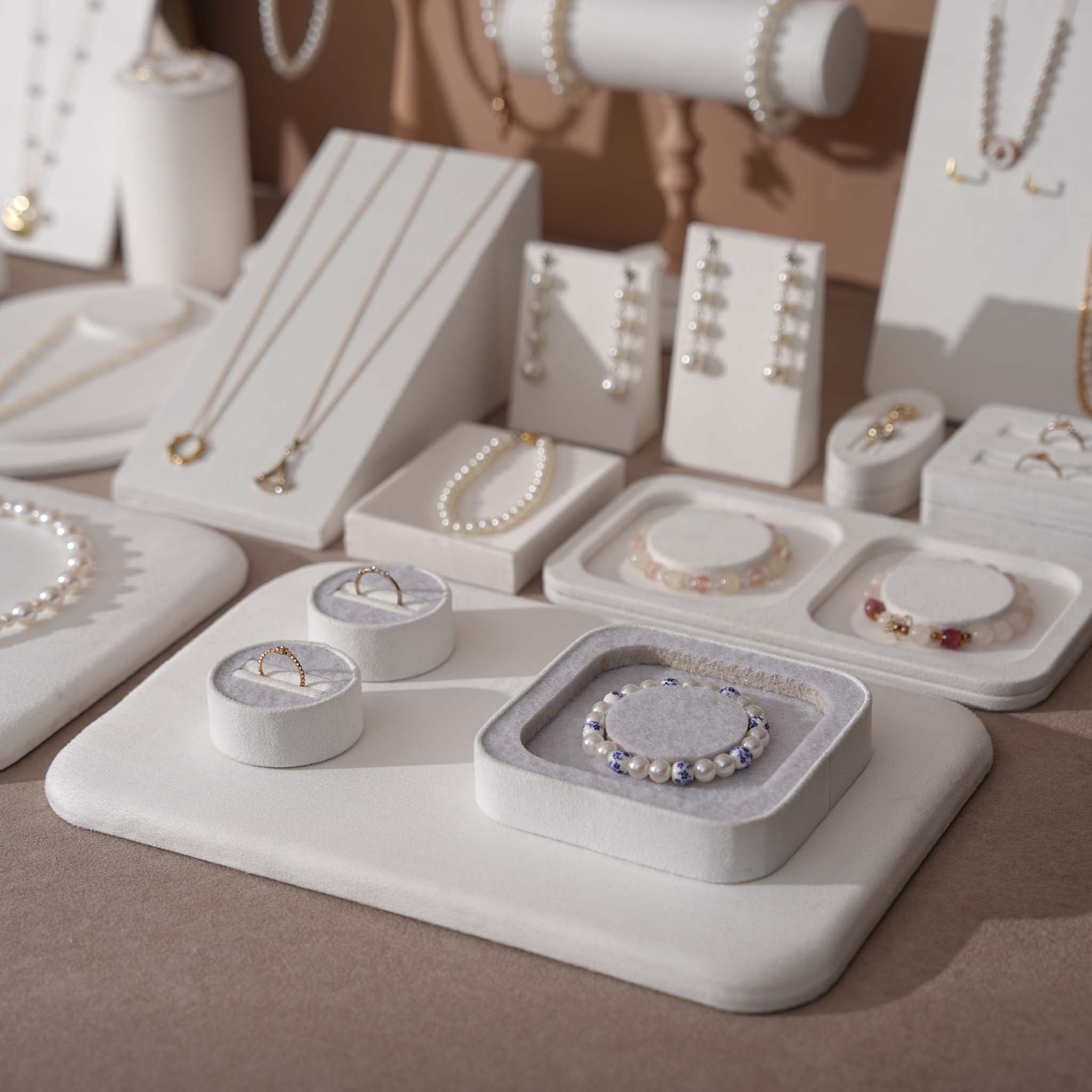 Atelier Jewelry Display Set for Boutique & Product Photography — Ring Holder, Necklace Stand & Riser Kit, Cream White
