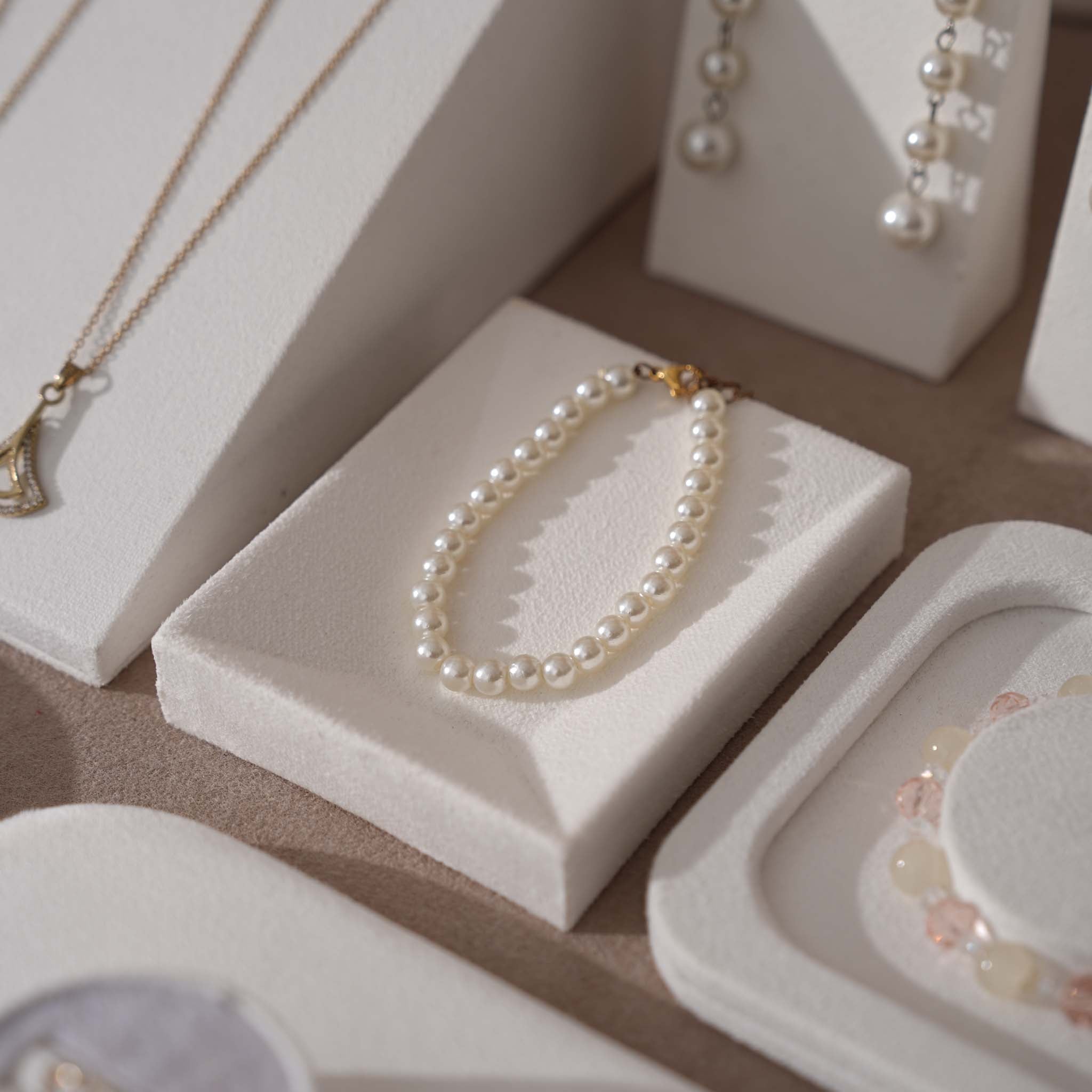 Atelier Jewelry Display Set for Boutique & Product Photography — Ring Holder, Necklace Stand & Riser Kit, Cream White