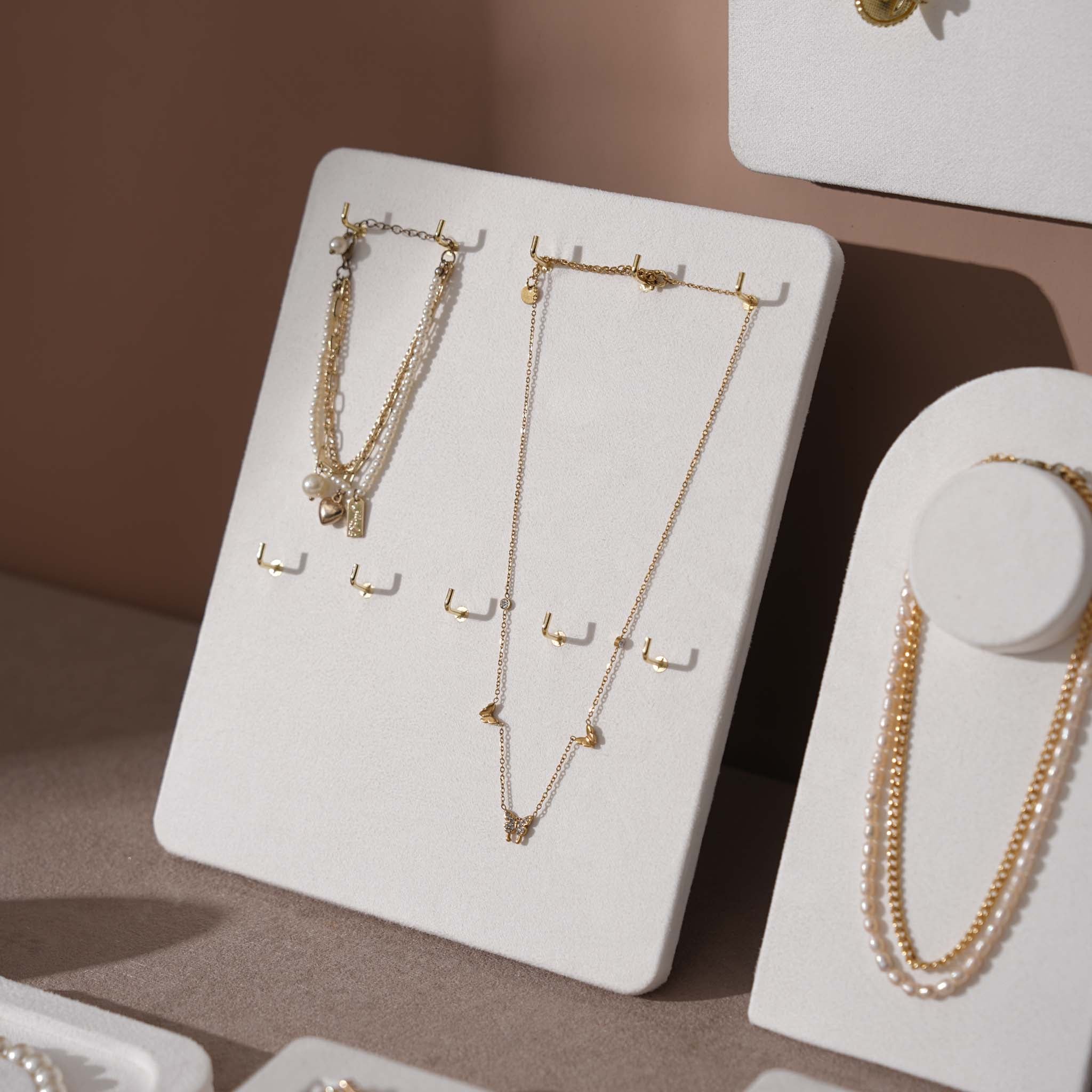 Atelier Jewelry Display Set for Boutique & Product Photography — Ring Holder, Necklace Stand & Riser Kit, Cream White