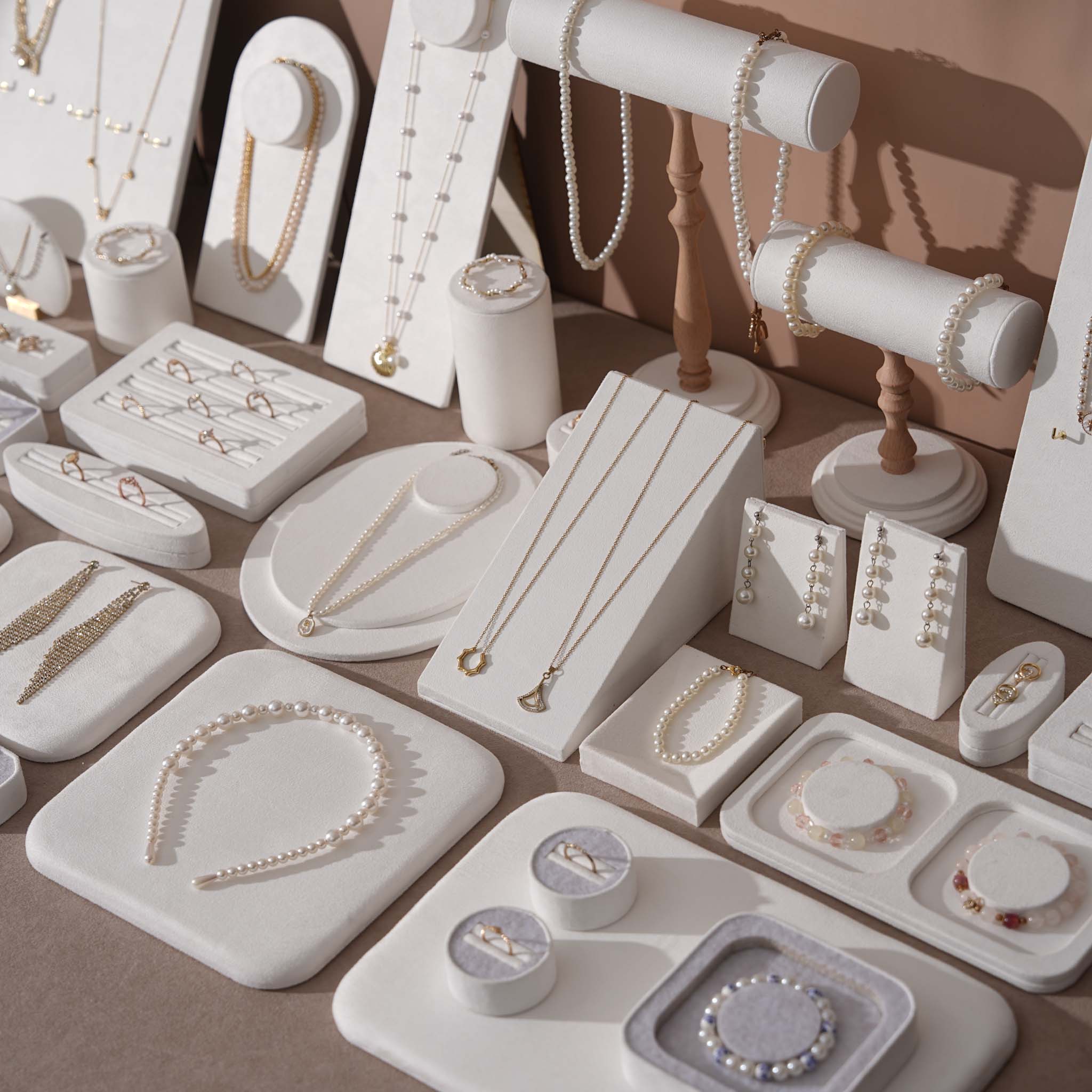 Atelier Jewelry Display Set for Boutique & Product Photography — Ring Holder, Necklace Stand & Riser Kit, Cream White
