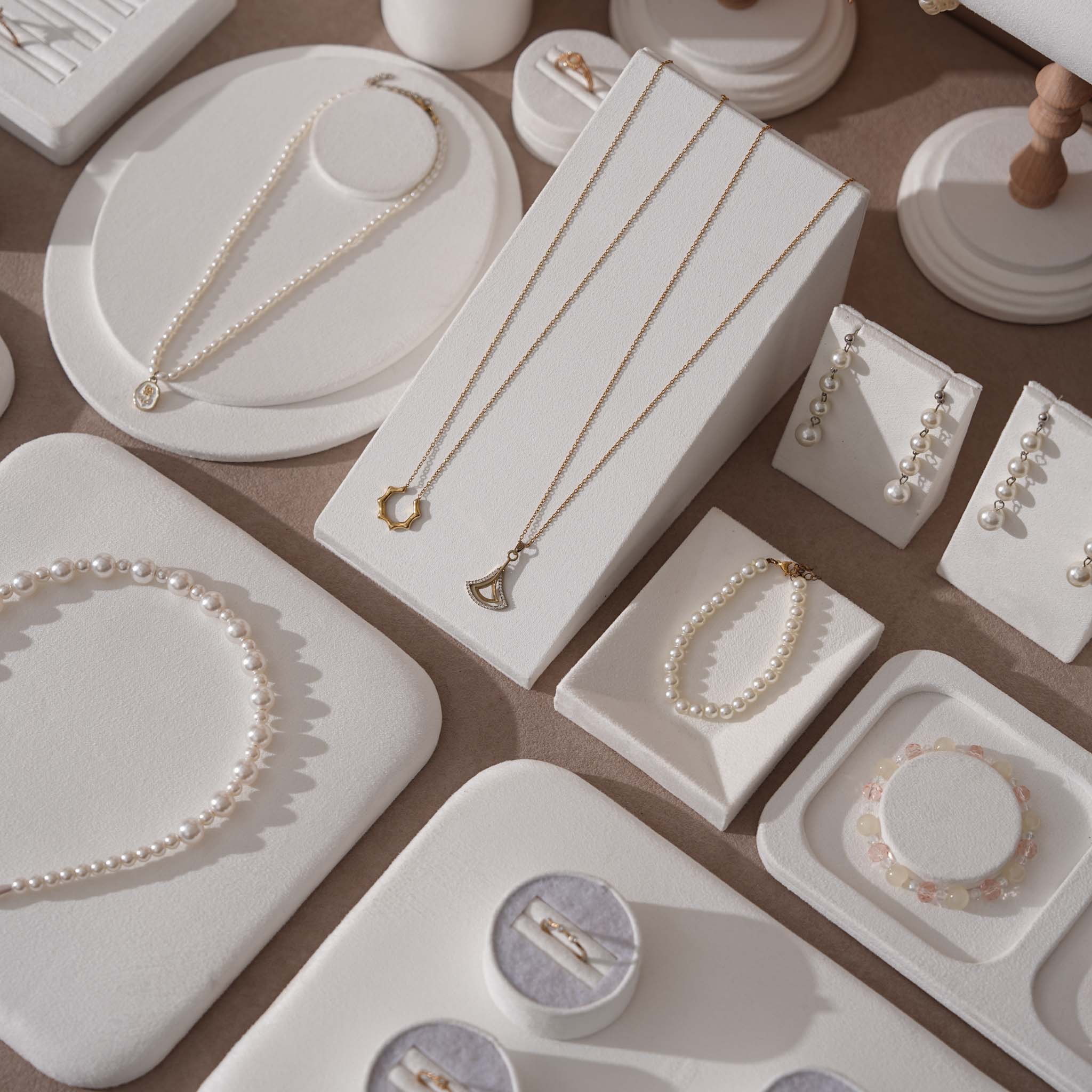 Atelier Jewelry Display Set for Boutique & Product Photography — Ring Holder, Necklace Stand & Riser Kit, Cream White