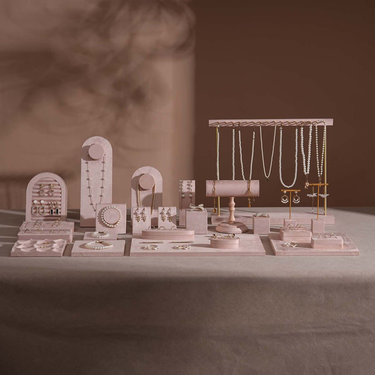 Soft Blush Pink Jewelry Display Set for Boutique Counter, Ring Tray, Necklace Rail, Earring Stand, Product Photography Props, Vegan Suede