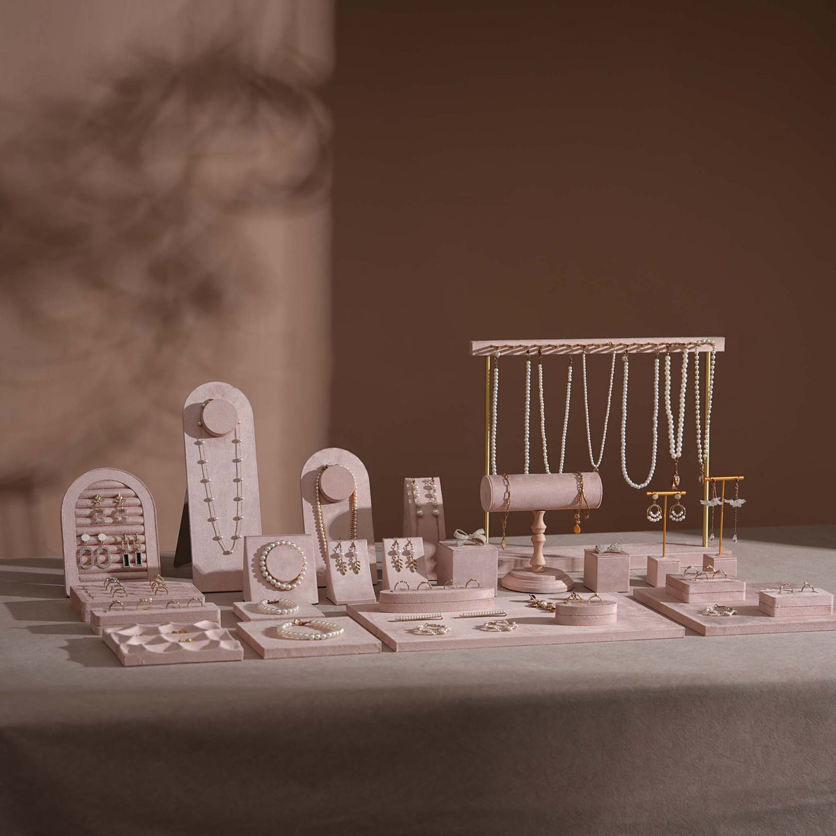 Soft Blush Pink Jewelry Display Set for Boutique Counter, Ring Tray, Necklace Rail, Earring Stand, Product Photography Props, Vegan Suede
