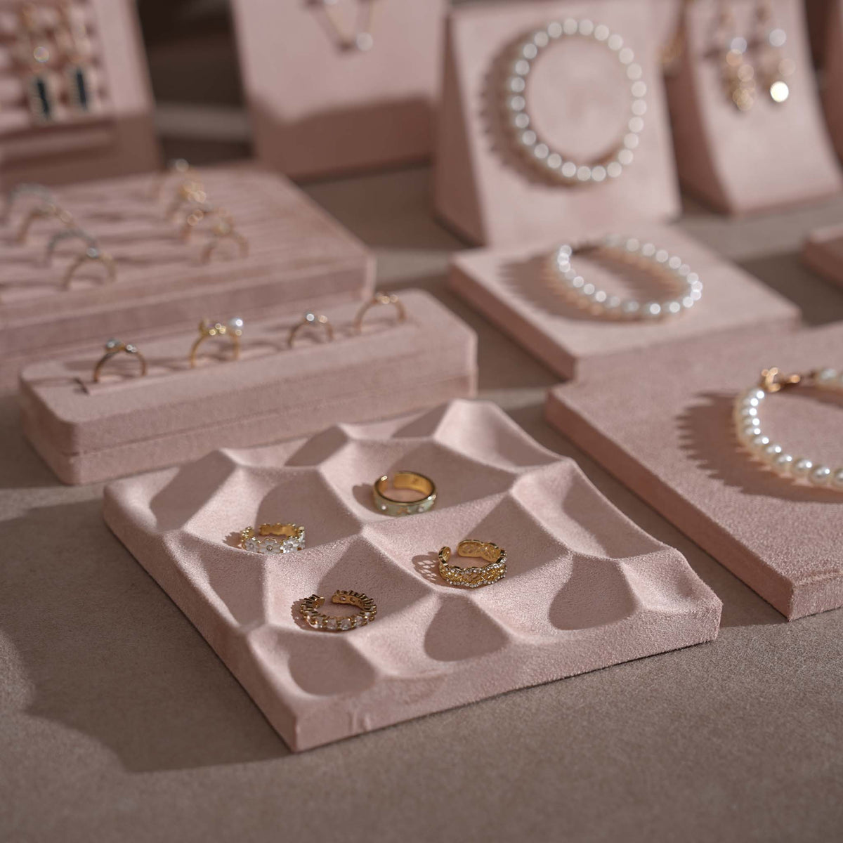 Soft Blush Pink Jewelry Display Set for Boutique Counter, Ring Tray, Necklace Rail, Earring Stand, Product Photography Props, Vegan Suede