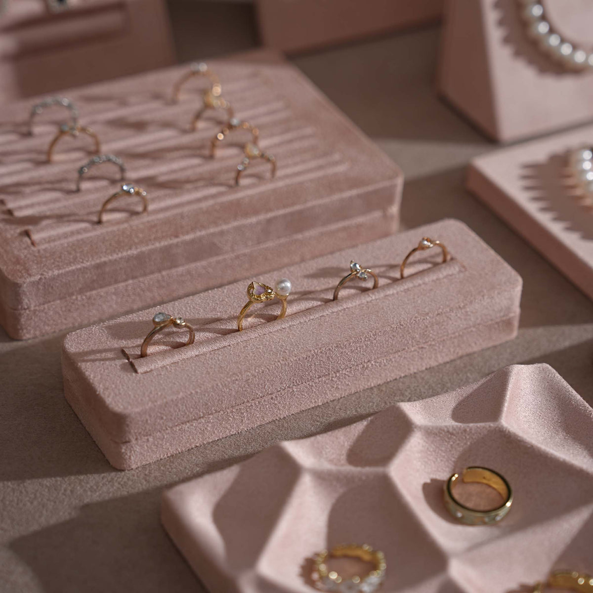 Soft Blush Pink Jewelry Display Set for Boutique Counter, Ring Tray, Necklace Rail, Earring Stand, Product Photography Props, Vegan Suede