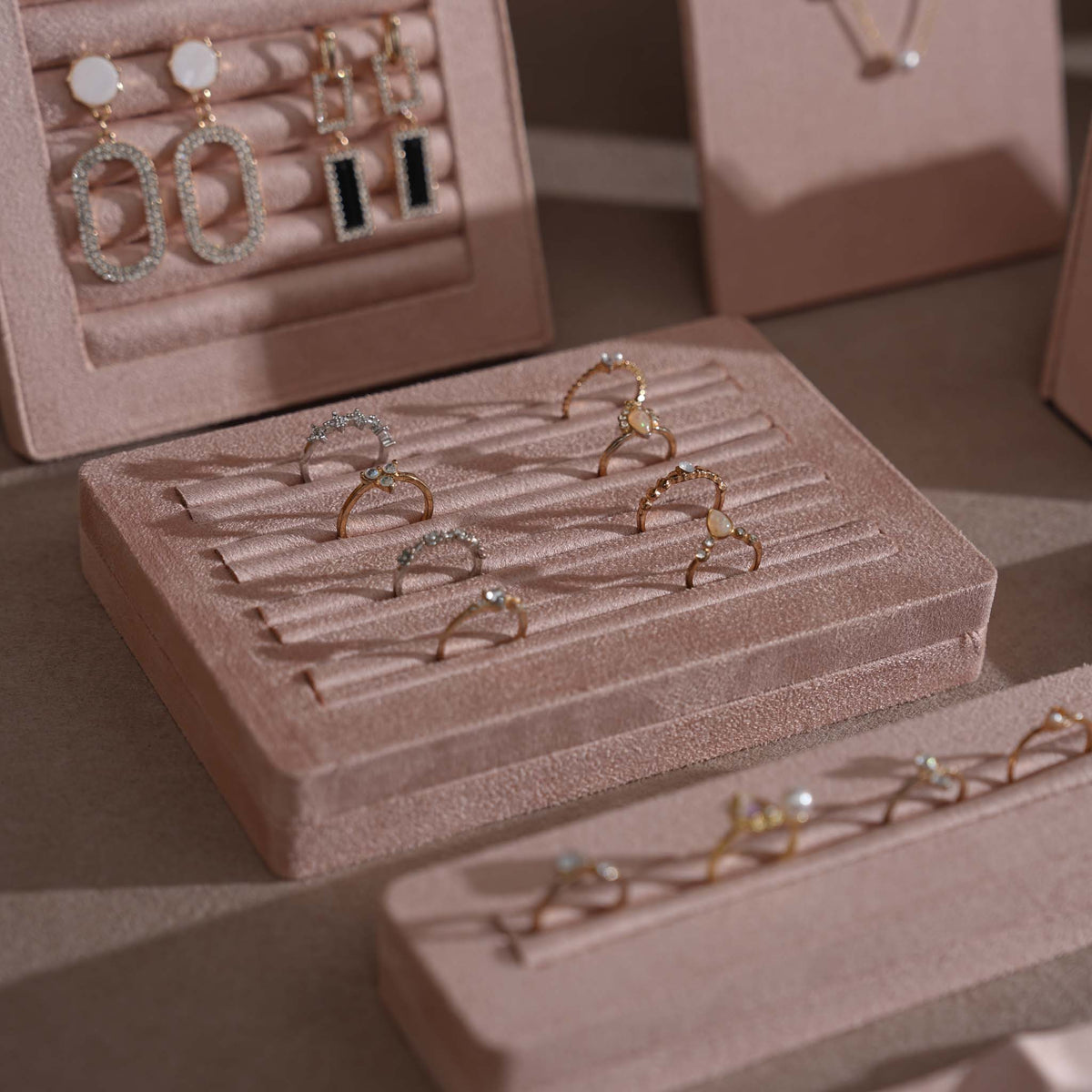 Soft Blush Pink Jewelry Display Set for Boutique Counter, Ring Tray, Necklace Rail, Earring Stand, Product Photography Props, Vegan Suede