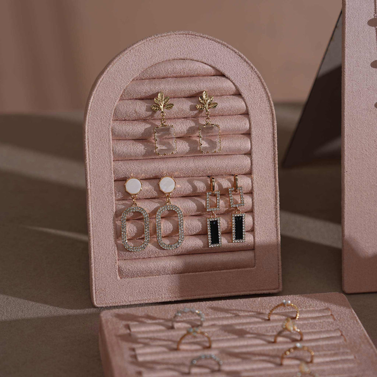 Soft Blush Pink Jewelry Display Set for Boutique Counter, Ring Tray, Necklace Rail, Earring Stand, Product Photography Props, Vegan Suede