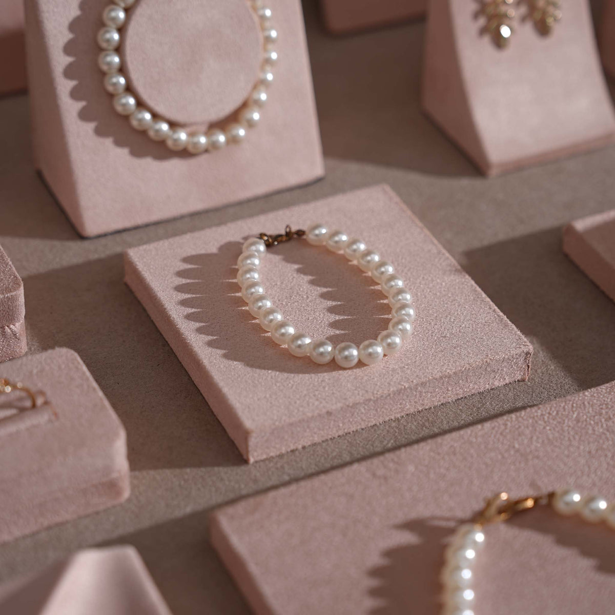Soft Blush Pink Jewelry Display Set for Boutique Counter, Ring Tray, Necklace Rail, Earring Stand, Product Photography Props, Vegan Suede
