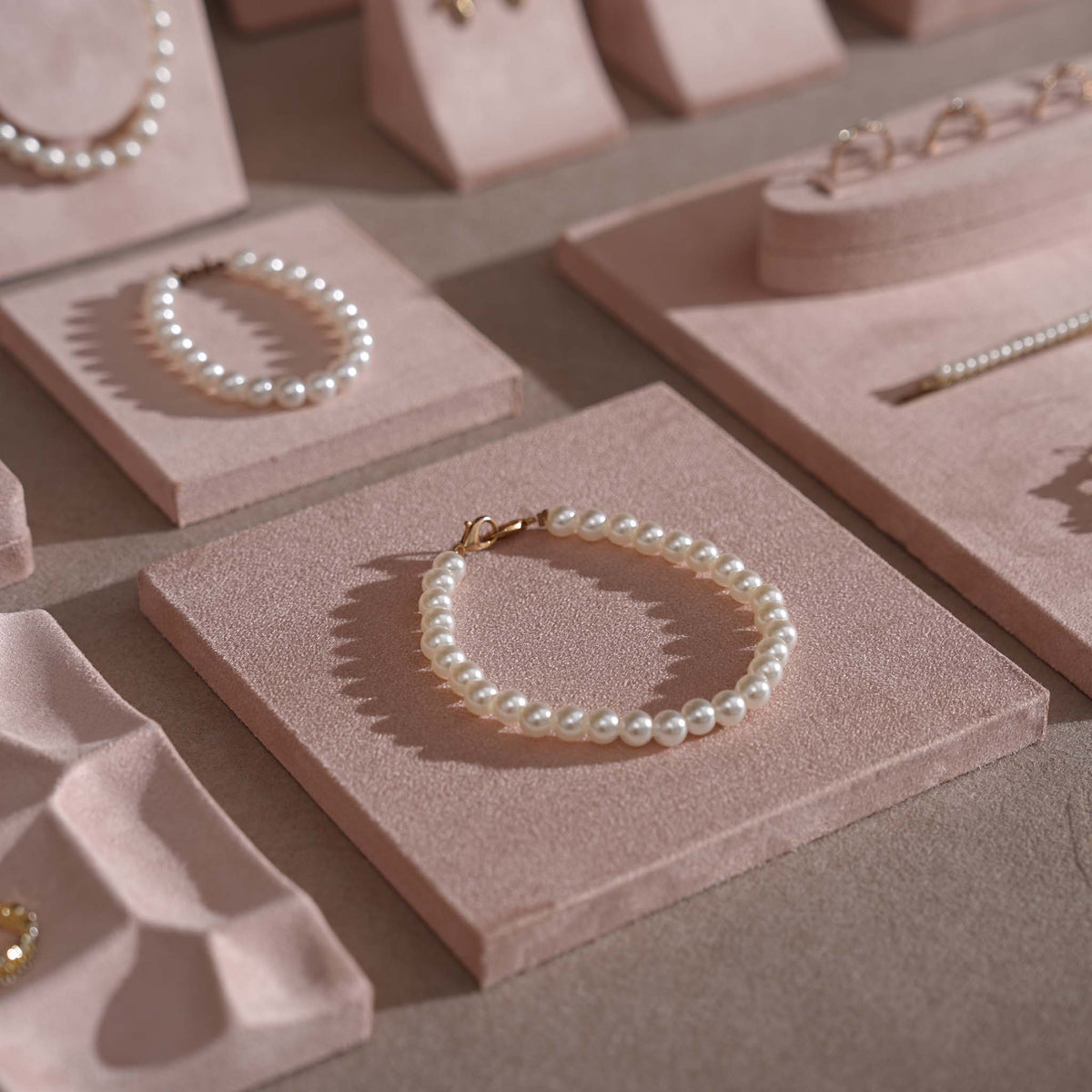Soft Blush Pink Jewelry Display Set for Boutique Counter, Ring Tray, Necklace Rail, Earring Stand, Product Photography Props, Vegan Suede