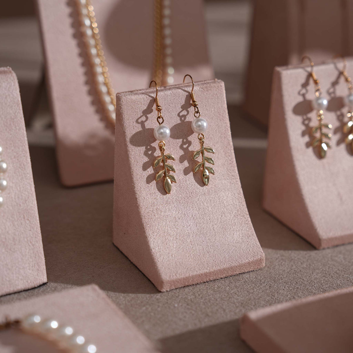Soft Blush Pink Jewelry Display Set for Boutique Counter, Ring Tray, Necklace Rail, Earring Stand, Product Photography Props, Vegan Suede