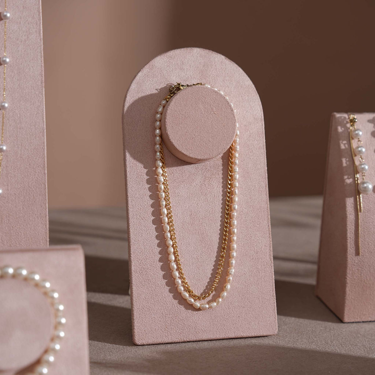 Soft Blush Pink Jewelry Display Set for Boutique Counter, Ring Tray, Necklace Rail, Earring Stand, Product Photography Props, Vegan Suede