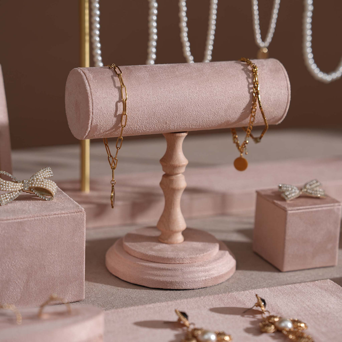 Soft Blush Pink Jewelry Display Set for Boutique Counter, Ring Tray, Necklace Rail, Earring Stand, Product Photography Props, Vegan Suede