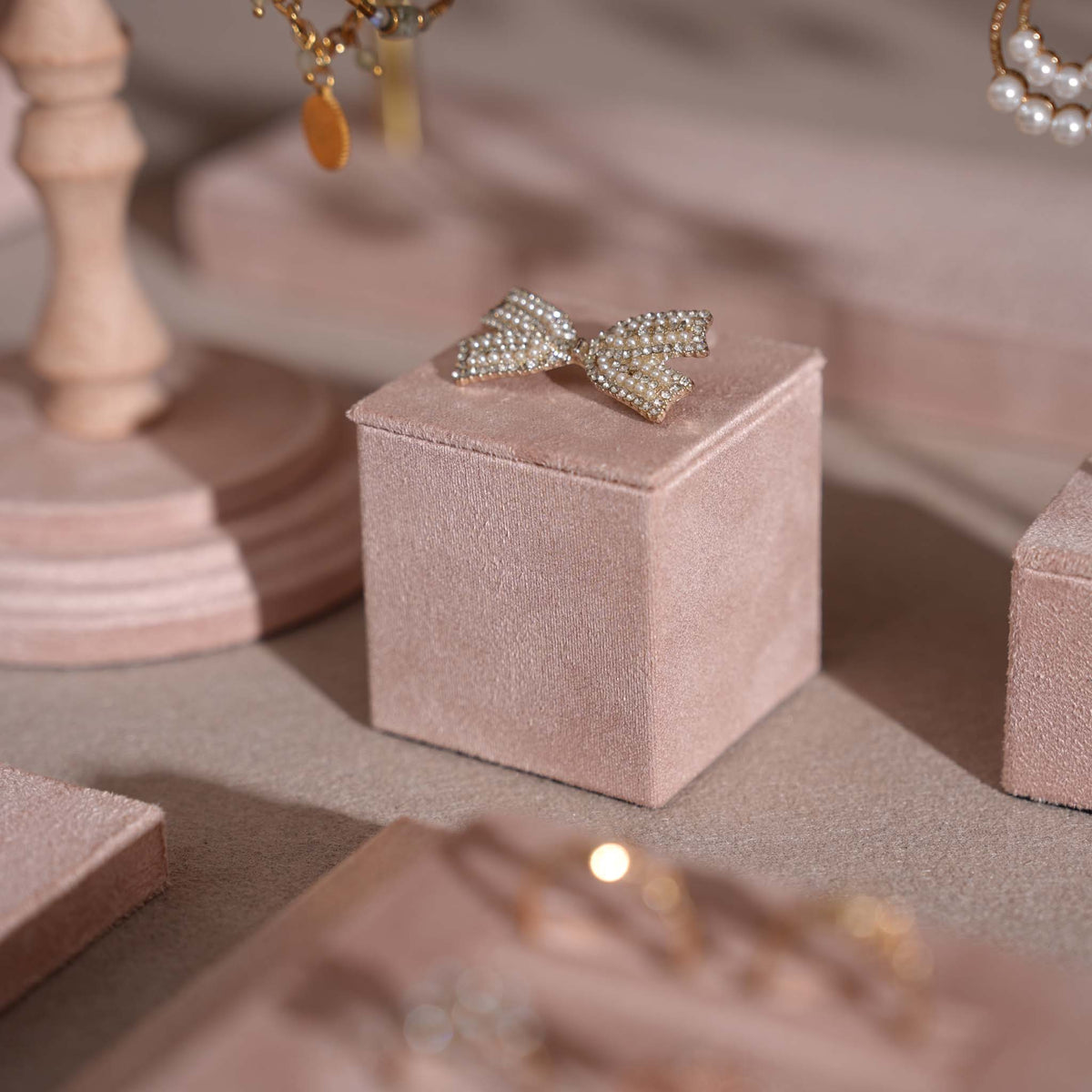 Soft Blush Pink Jewelry Display Set for Boutique Counter, Ring Tray, Necklace Rail, Earring Stand, Product Photography Props, Vegan Suede