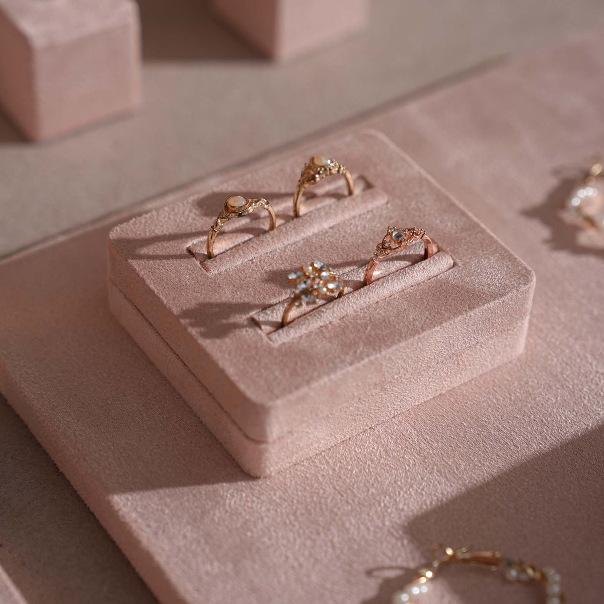 Soft Blush Pink Jewelry Display Set for Boutique Counter, Ring Tray, Necklace Rail, Earring Stand, Product Photography Props, Vegan Suede