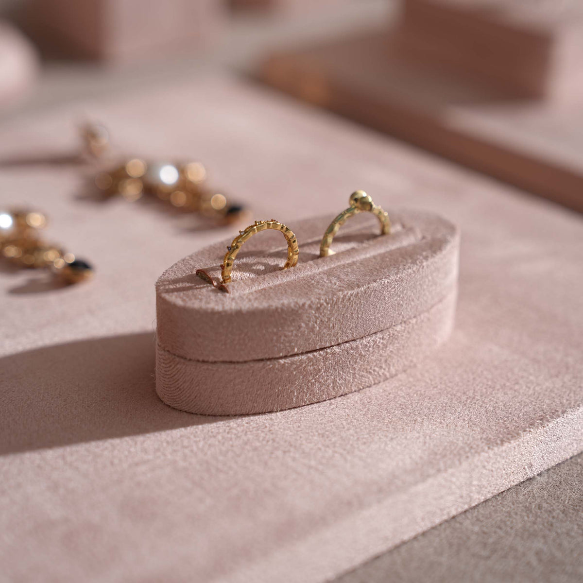 Soft Blush Pink Jewelry Display Set for Boutique Counter, Ring Tray, Necklace Rail, Earring Stand, Product Photography Props, Vegan Suede