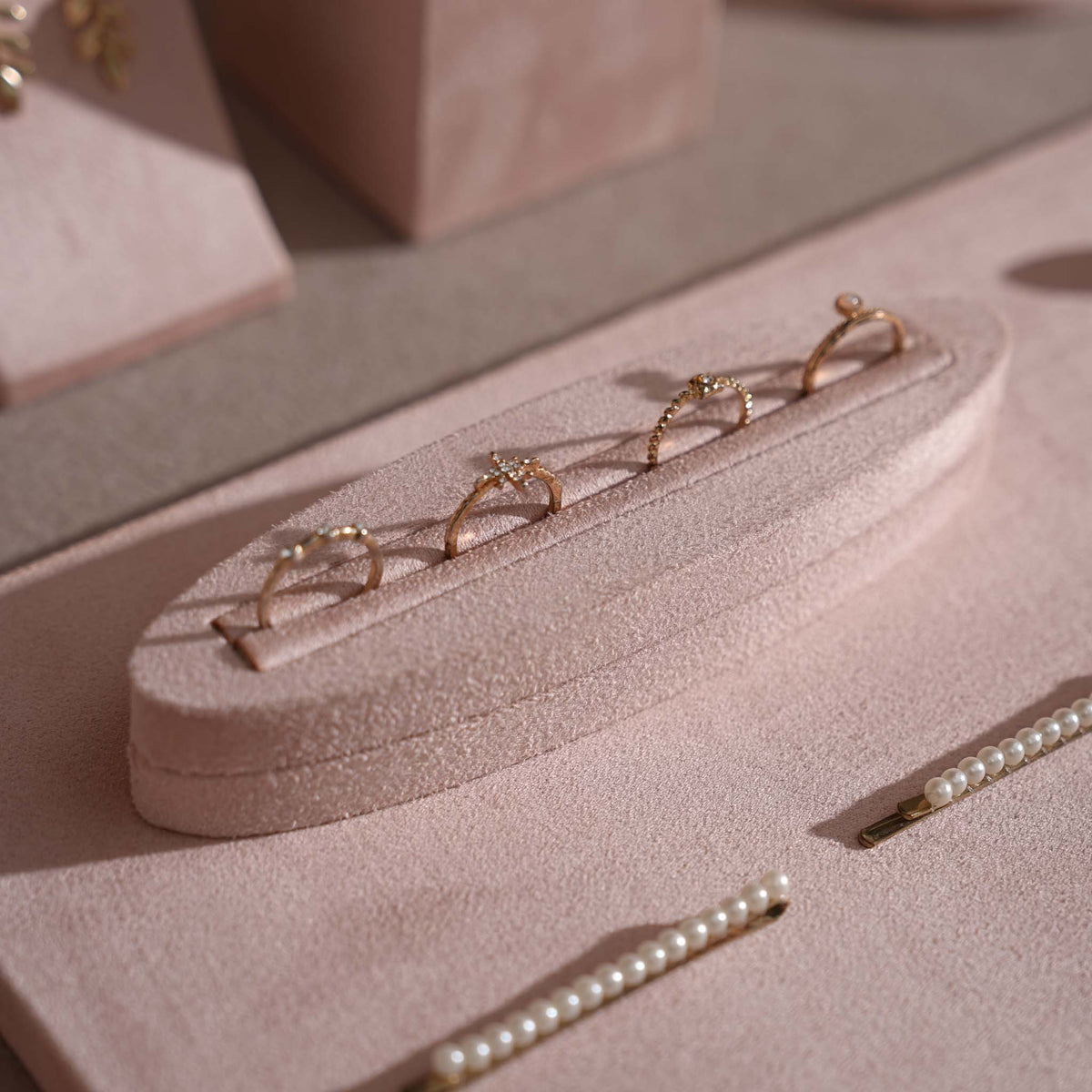 Soft Blush Pink Jewelry Display Set for Boutique Counter, Ring Tray, Necklace Rail, Earring Stand, Product Photography Props, Vegan Suede