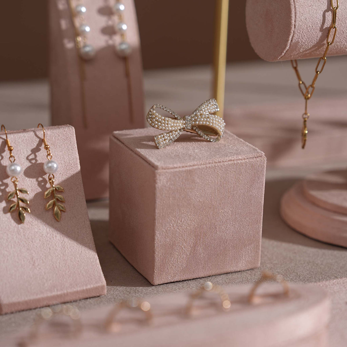 Soft Blush Pink Jewelry Display Set for Boutique Counter, Ring Tray, Necklace Rail, Earring Stand, Product Photography Props, Vegan Suede