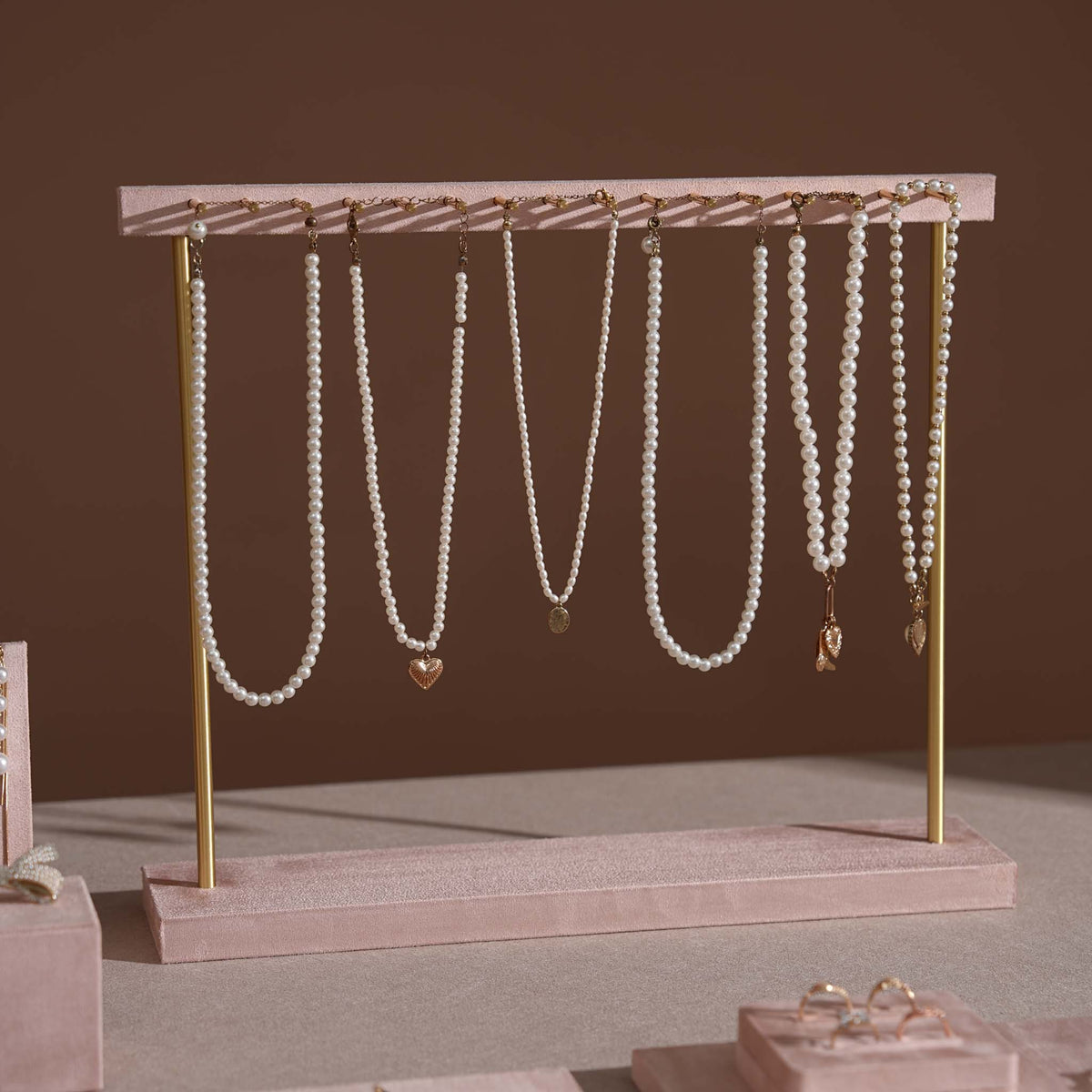 Soft Blush Pink Jewelry Display Set for Boutique Counter, Ring Tray, Necklace Rail, Earring Stand, Product Photography Props, Vegan Suede
