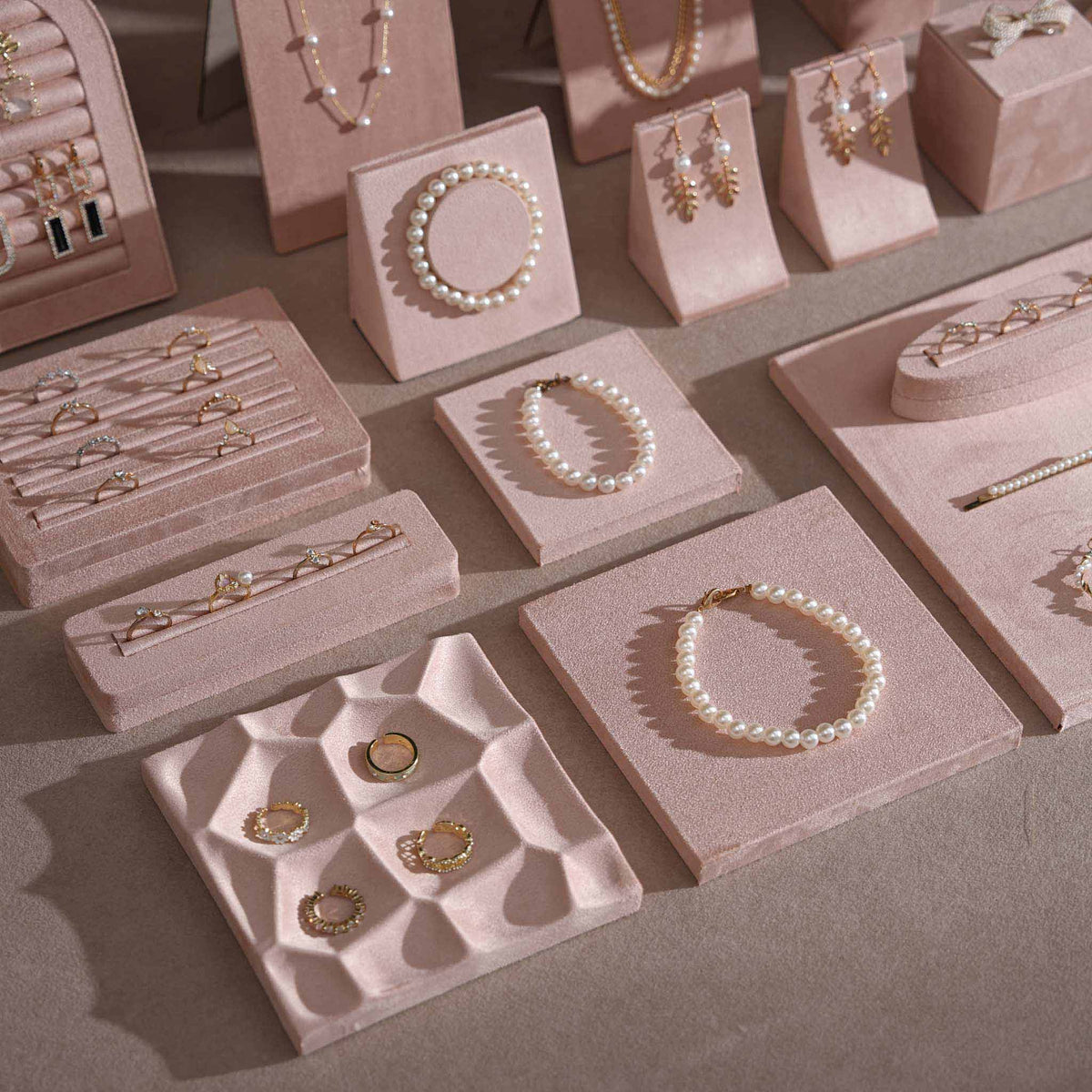 Soft Blush Pink Jewelry Display Set for Boutique Counter, Ring Tray, Necklace Rail, Earring Stand, Product Photography Props, Vegan Suede