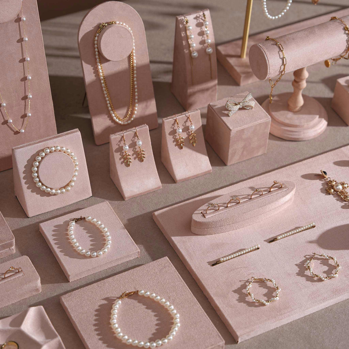 Soft Blush Pink Jewelry Display Set for Boutique Counter, Ring Tray, Necklace Rail, Earring Stand, Product Photography Props, Vegan Suede