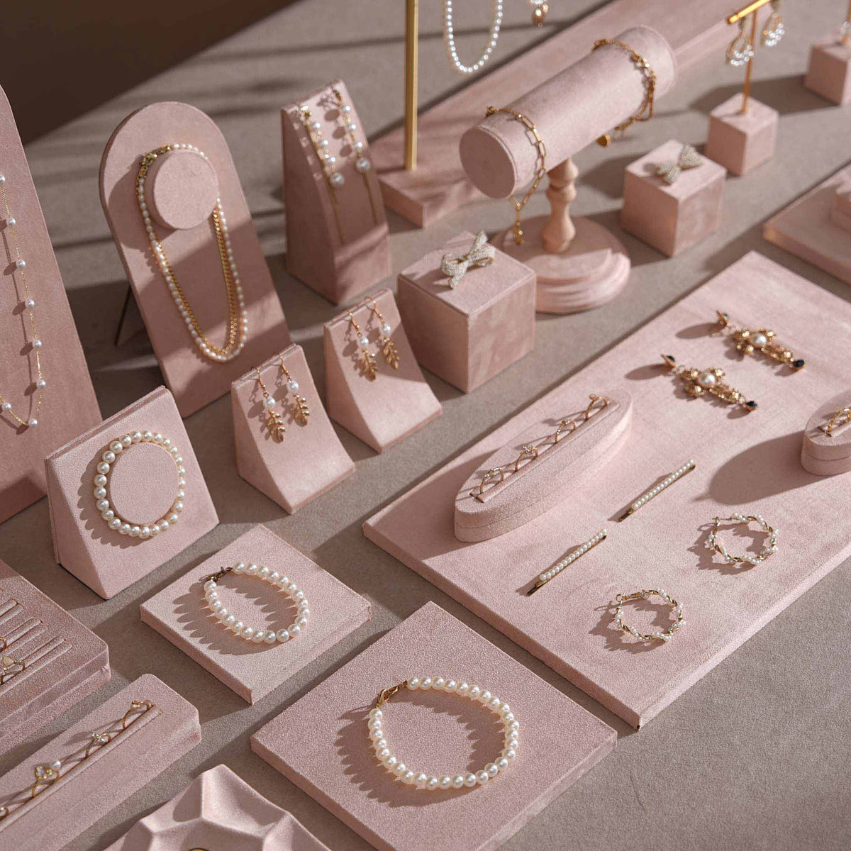 Soft Blush Pink Jewelry Display Set for Boutique Counter, Ring Tray, Necklace Rail, Earring Stand, Product Photography Props, Vegan Suede