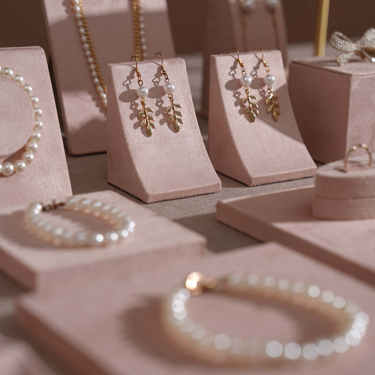 Soft Blush Pink Jewelry Display Set for Boutique Counter, Ring Tray, Necklace Rail, Earring Stand, Product Photography Props, Vegan Suede