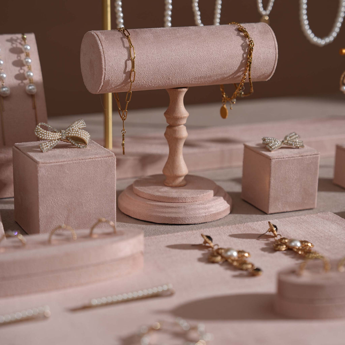 Soft Blush Pink Jewelry Display Set for Boutique Counter, Ring Tray, Necklace Rail, Earring Stand, Product Photography Props, Vegan Suede