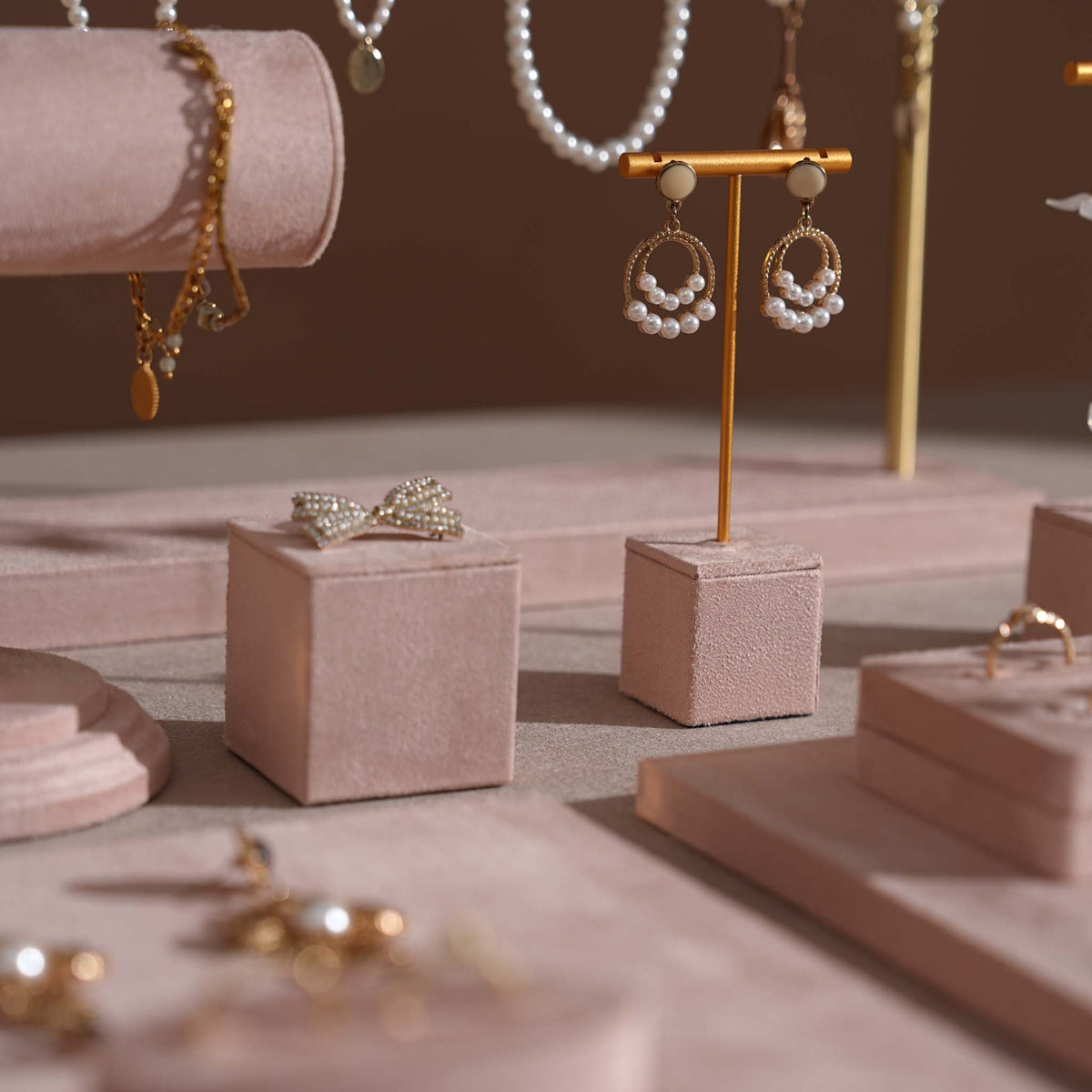 Soft Blush Pink Jewelry Display Set for Boutique Counter, Ring Tray, Necklace Rail, Earring Stand, Product Photography Props, Vegan Suede
