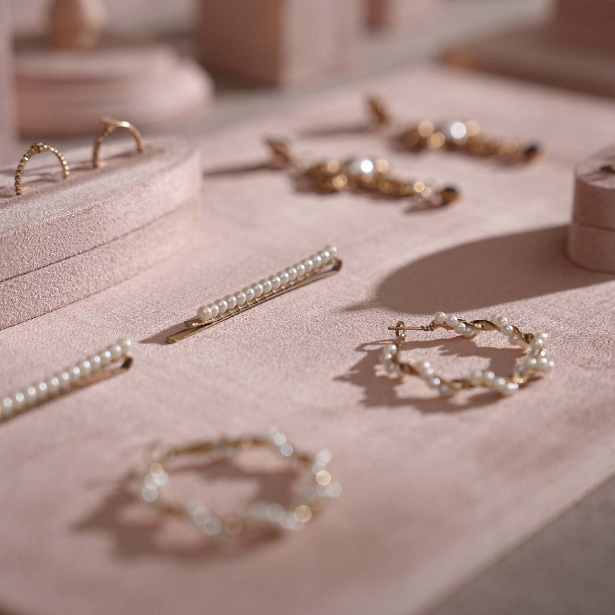 Soft Blush Pink Jewelry Display Set for Boutique Counter, Ring Tray, Necklace Rail, Earring Stand, Product Photography Props, Vegan Suede